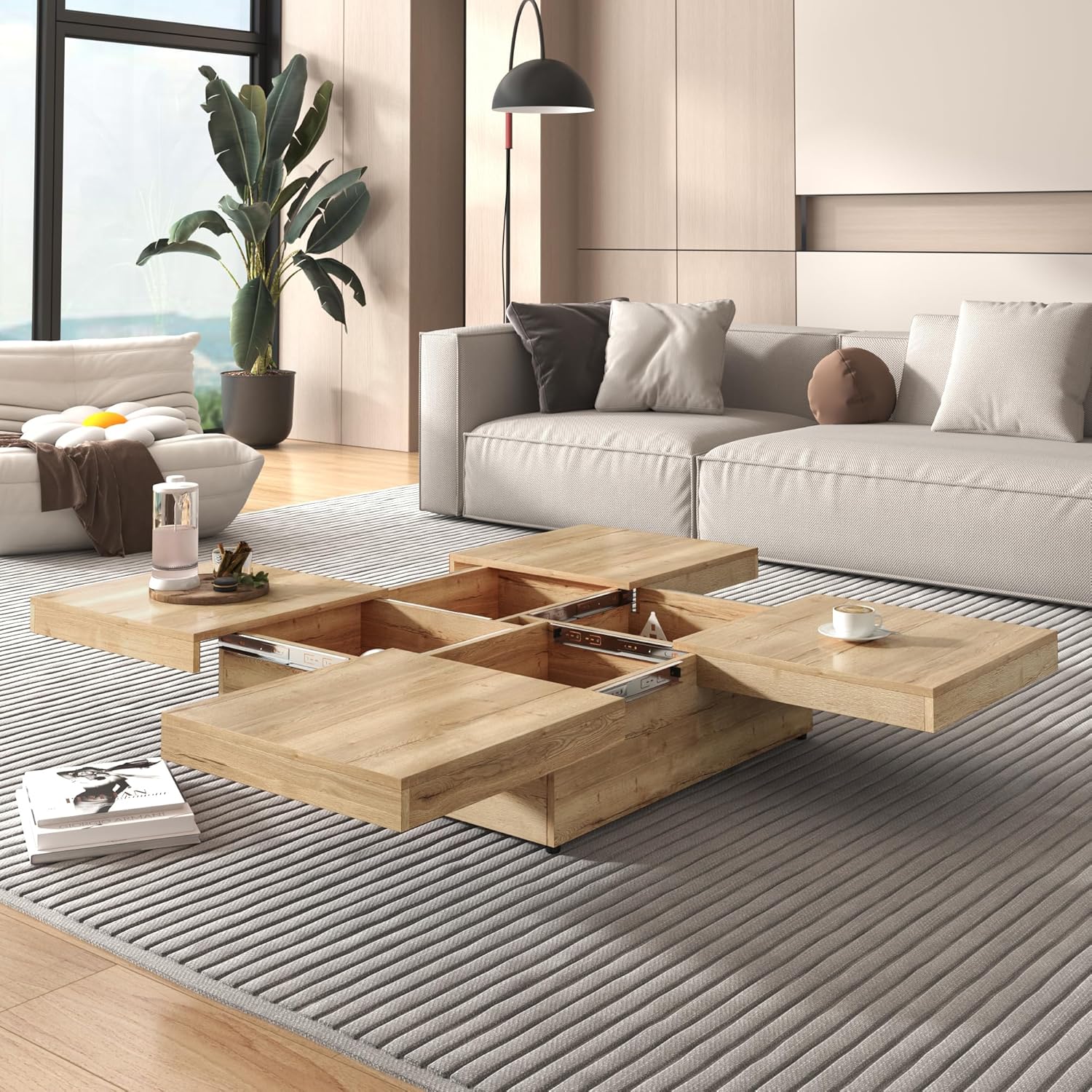 Merax Coffee Table, Modern Extendable Coffee Table with 4 Hidden Storage Compartments, Square Center Cocktail Table with Sliding Tabletop for Living Room, 39.4'x 39.4' (Natural)