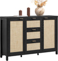 SICOTAS Rattan Sideboard Buffet Coffee Bar Cabinet with Storage - 52' Larger Farmhouse Credenza Storage Cabinet with 3 Drawers and 2 Doors, Boho Console Table for Living Room, Kitchen, Black Oak