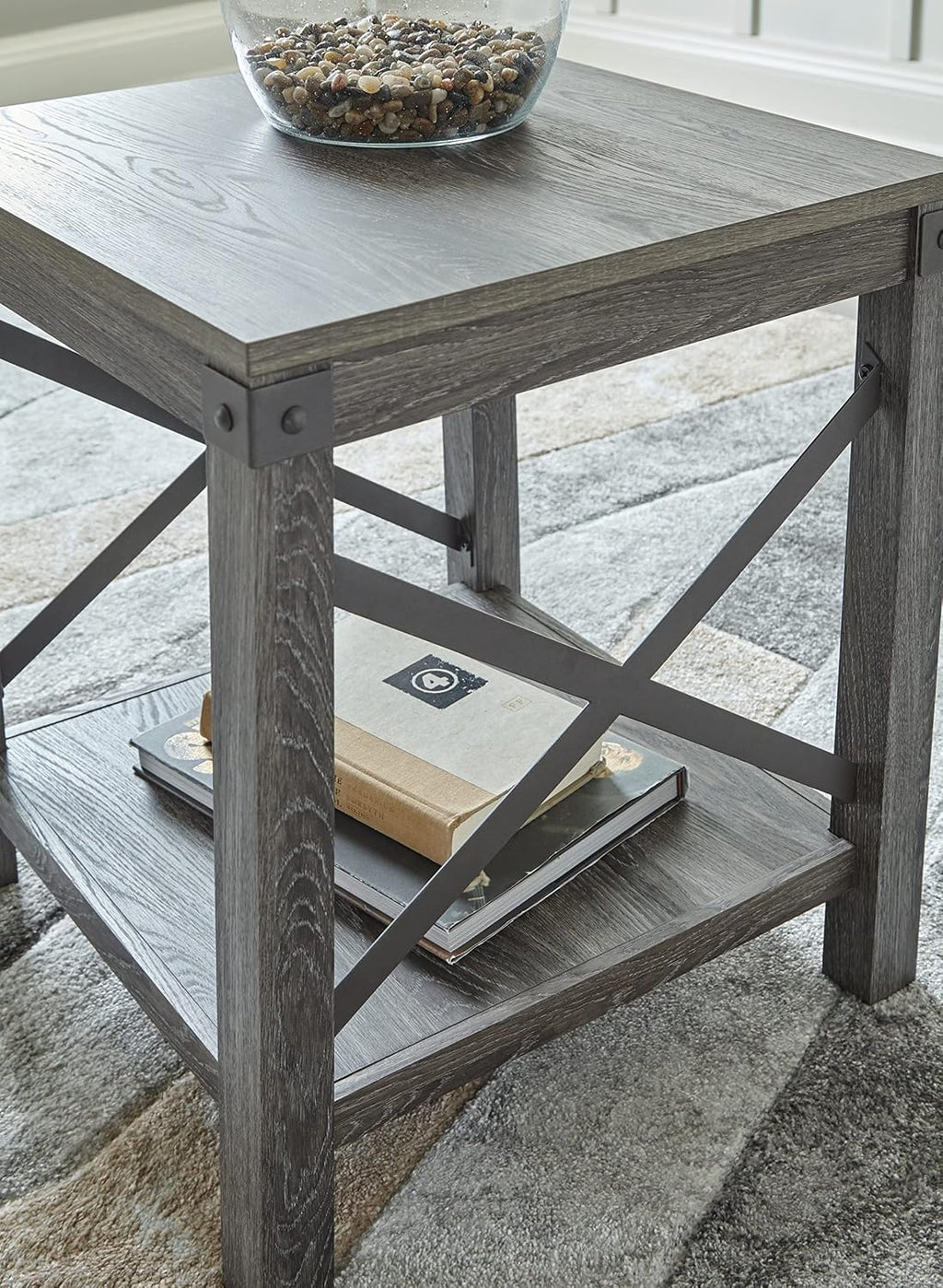 Signature Design by Ashley Freedan Rustic Square Farmhouse End Table, Wood, Metal Crossbuck Accents, Lower Display Shelf, 22.63' High, Gray