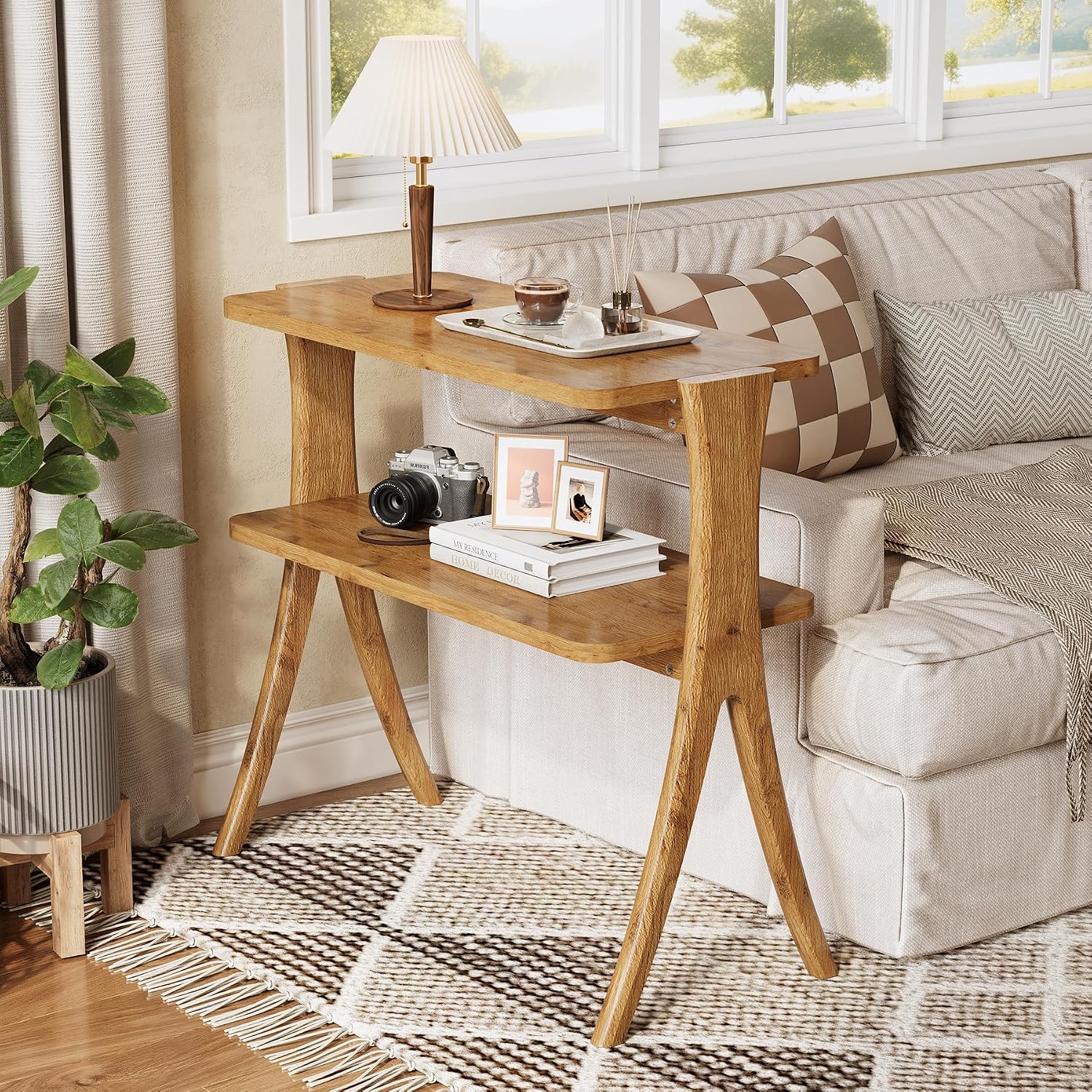LITTLE TREE Narrow Side Table Set of 2, Small Side Table, 2-Tier Farmhouse End Table with Solid Wood Legs, Space-Saver for Living Room, Bedroom, Entryway (Light Walnut)