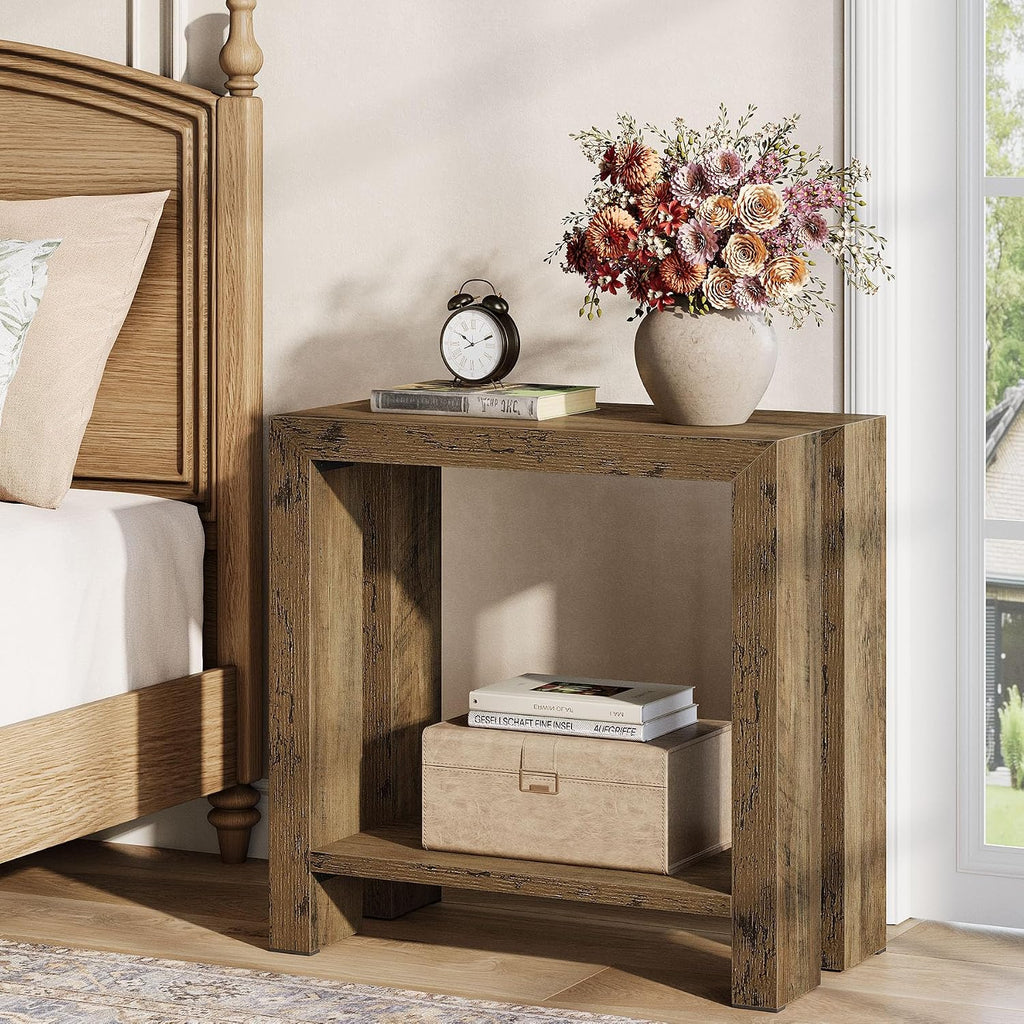 Tribesigns 2-Tier Narrow Side Table Set of 2, Farmhouse Wooden Sofa End Table with Bottom Shelf, Skinny Accent Nightstand for Small Space, Living Room, Bedroom, Easy Assembly (2)
