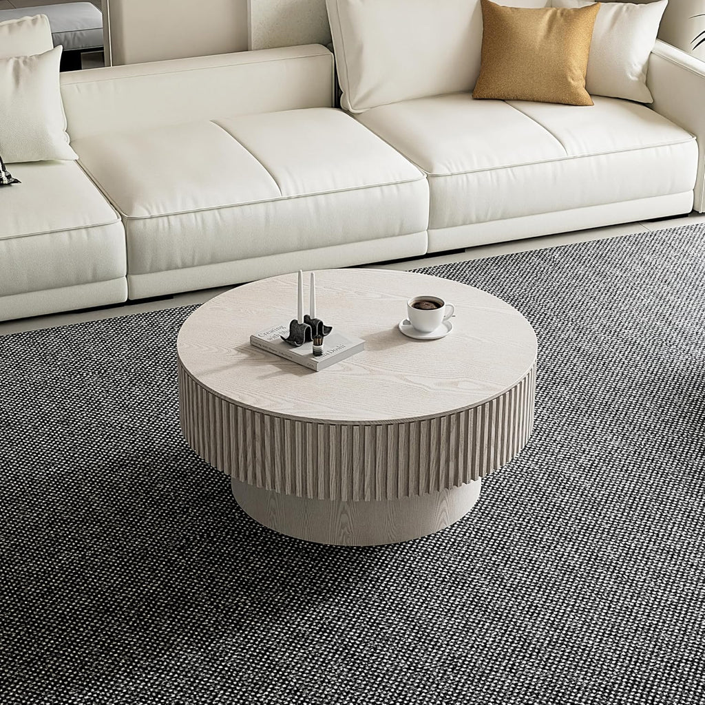 31.5'' Round Coffee Table with Storage, Modern Luxury Circle Drum Center Tables with Solid Wood Veneered, Accent Side Coffee Table for Living Room, Bedroom, Apartment-White