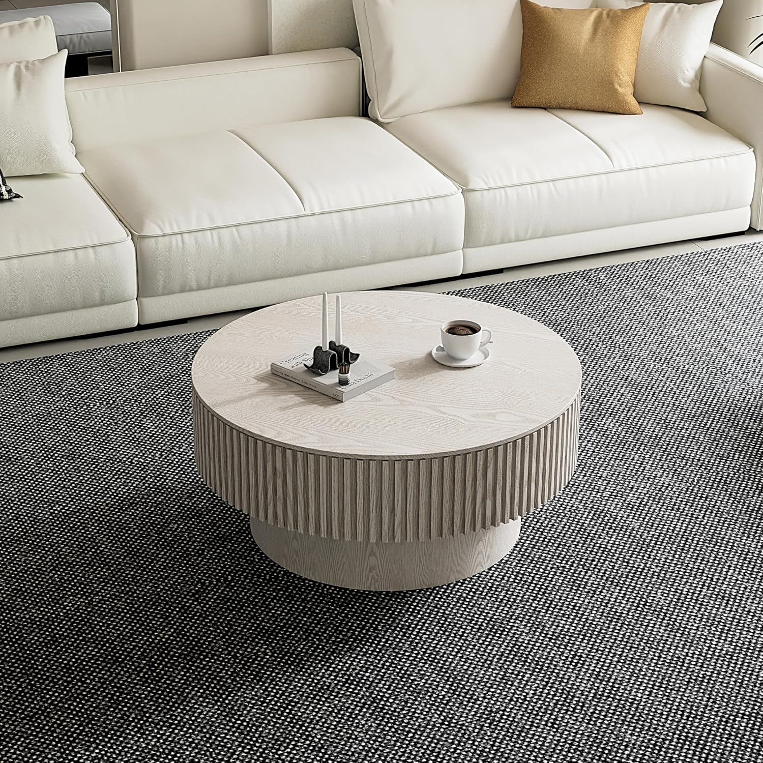 31.5'' Round Coffee Table with Storage, Modern Luxury Circle Drum Center Tables with Solid Wood Veneered, Accent Side Coffee Table for Living Room, Bedroom, Apartment-White