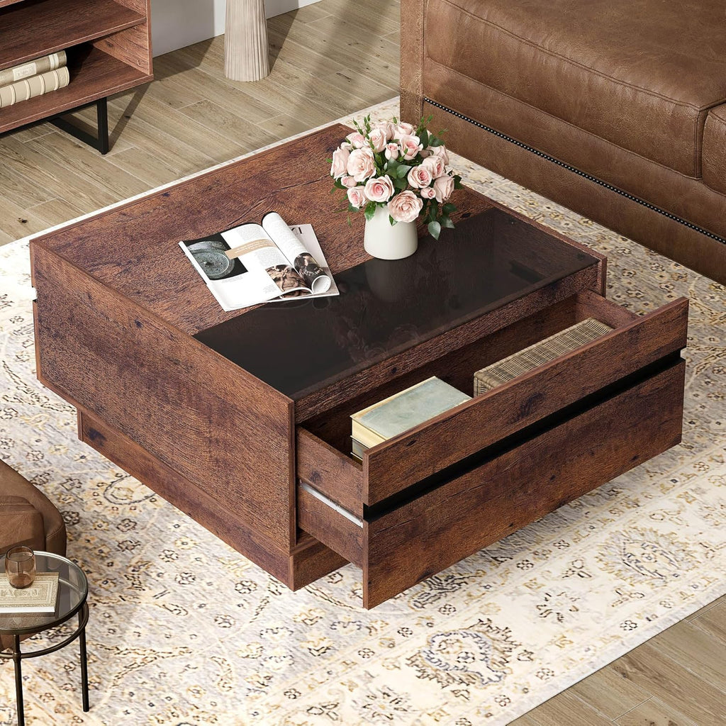 WAMPAT Modern Coffee Table, Square Living Room Coffee Table with Tempered Glass Top and Two Large Storage Drawers, 31.5'x 31.5', Brown
