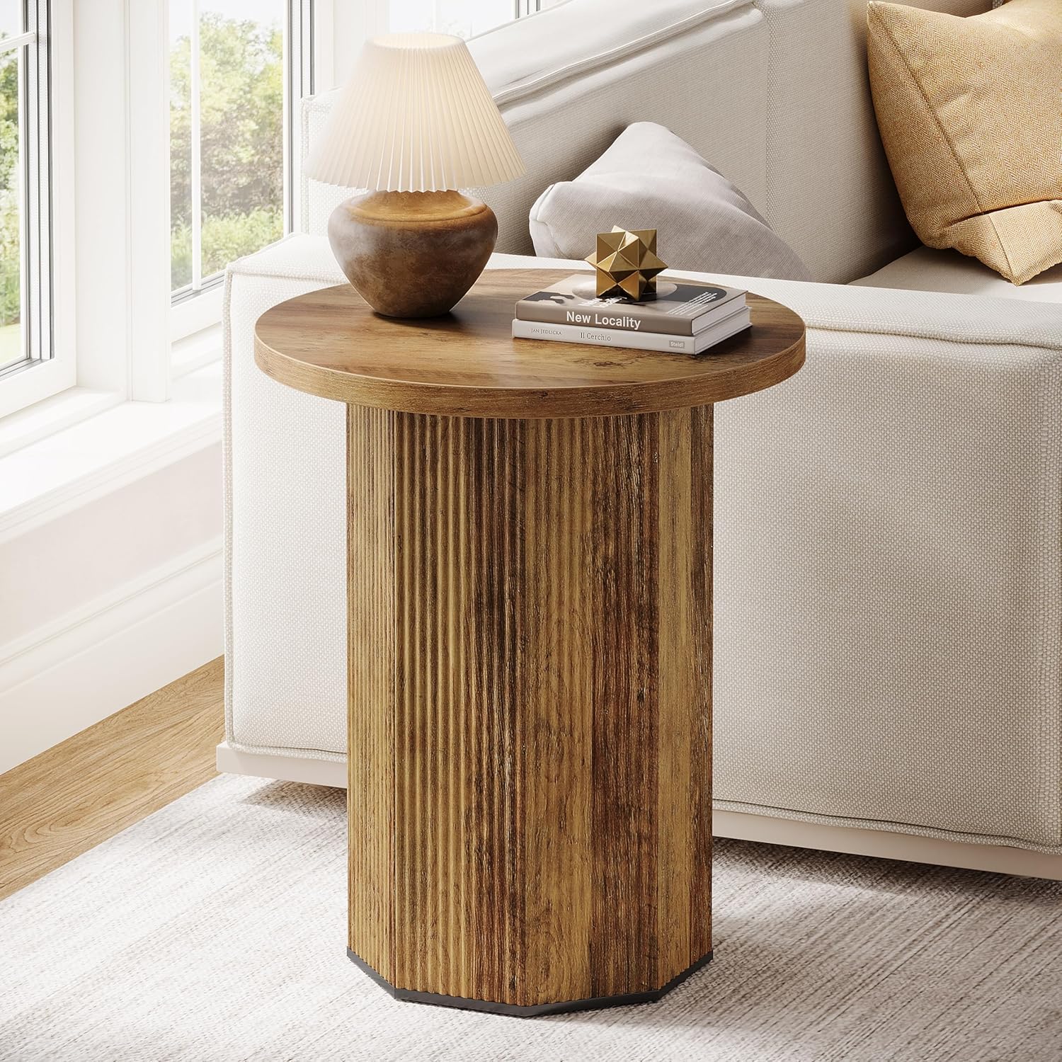 Tribesigns 2pcs Round End Table, Farmhouse Pedestal Side Table, Fluted Wooden Nightstand Drink Stand for Living Room, Bedroom (2)