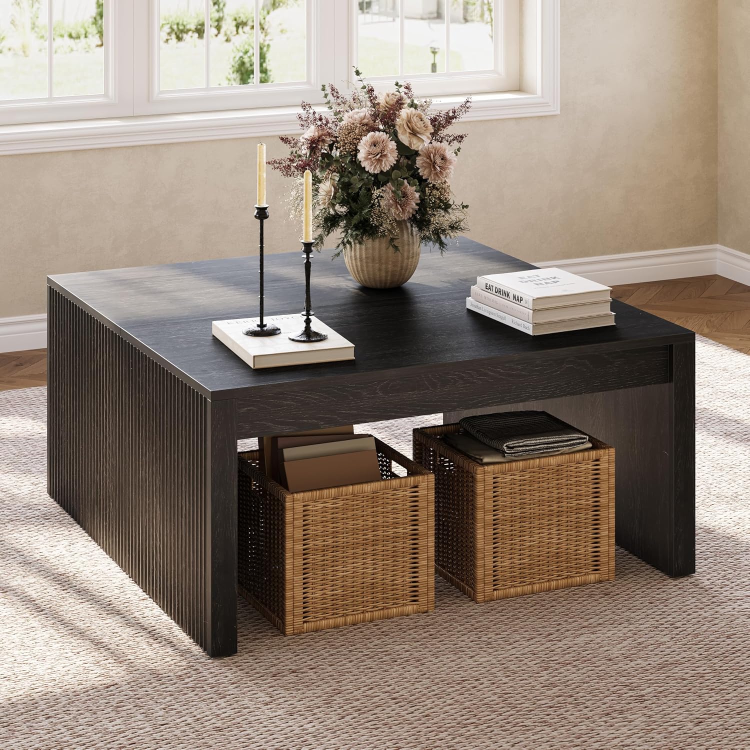 LITTLE TREE Square Coffee Table, 39.4-Inch Fluted Coffee Tables, Mid-Century Modern Center Cocktail Table for Living Room Bedroom, Easy Assembly, Black