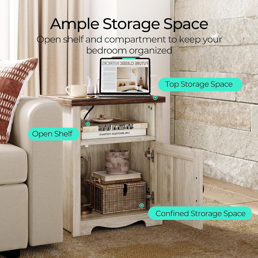 LINSY Farmhouse Night Stand Set of 2, 18.9' Wood End Table with Charging Station, Side Table for Bedroom, Living Room, Couch with USB Ports and Outlets, Nightstand with Storage, Beige