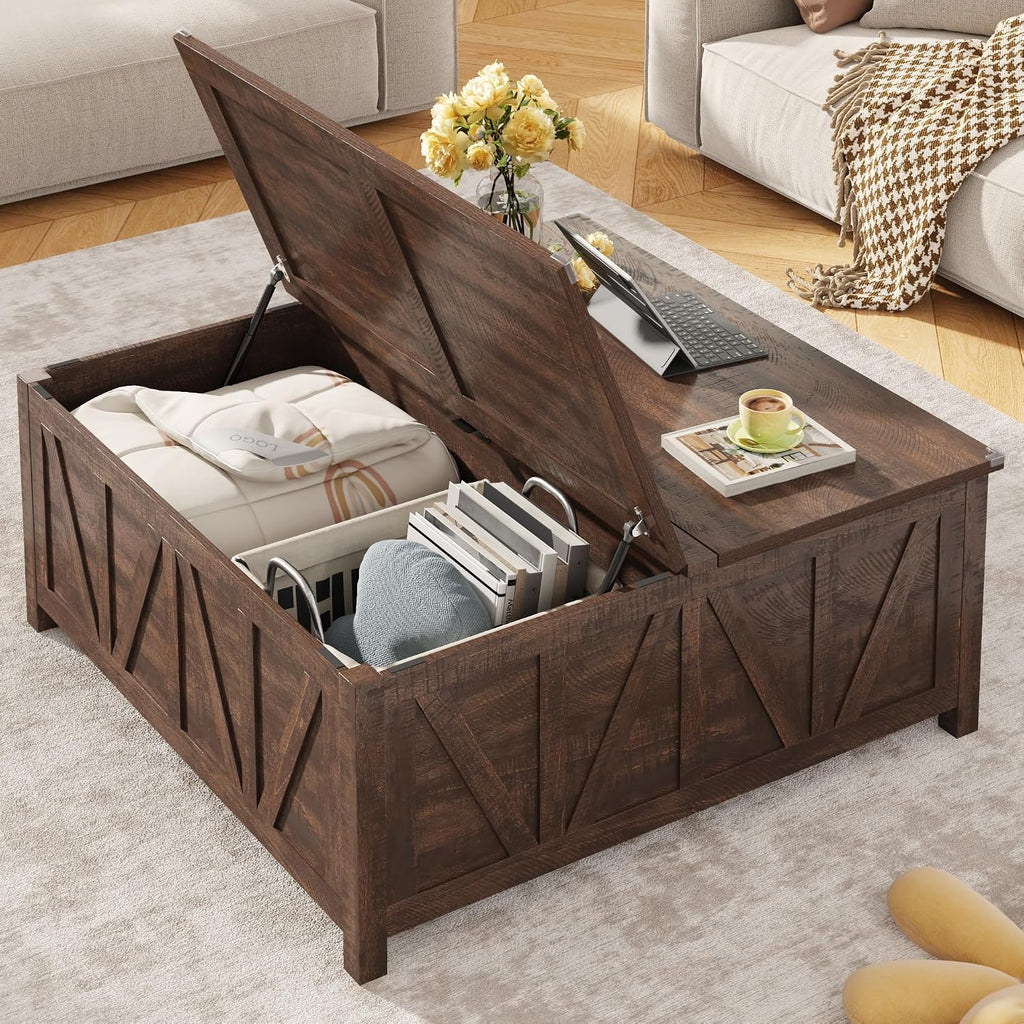 chartustriable 43.3' Lift Top Coffee Table with Storage, Farmhouse Coffee Table with Large Hidden Storage Compartment and Shelves，Square Center Tables for Living Room, Tea Table Dark Brown