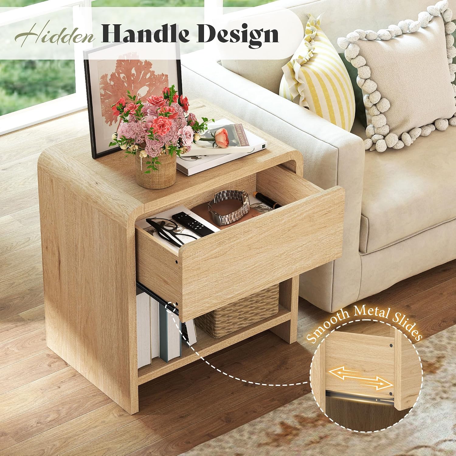 AMERLIFE Modern Night Stand Set 2 with Storage Drawer & Open Shelves, 24' Round Bedside Table Nightstand with Curved Top Corners for Bedroom Living Room Sofa Office, End Table for Small Spaces, Oak