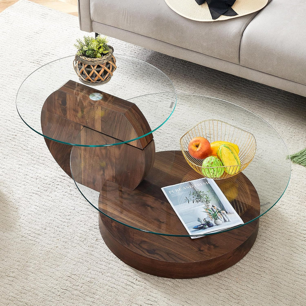 Round Glass Coffee Table, Modern Tempered Glass Coffee Tables for Living Room, 3-Tier Circle Walnut Coffee Table with Storage Clear Cocktail Table for Small Space Home Office