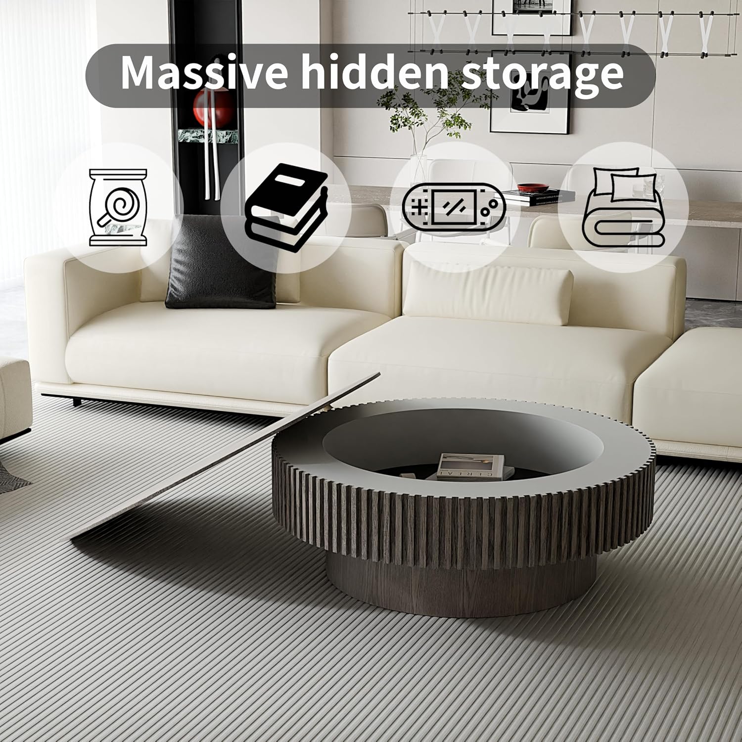 39.37'' Round Coffee Table with Storage, Solid Wood Veneered Modern Drum Coffee Table Accent Tea Table for Living Room, Bedroom, Apartment or Office-Gray