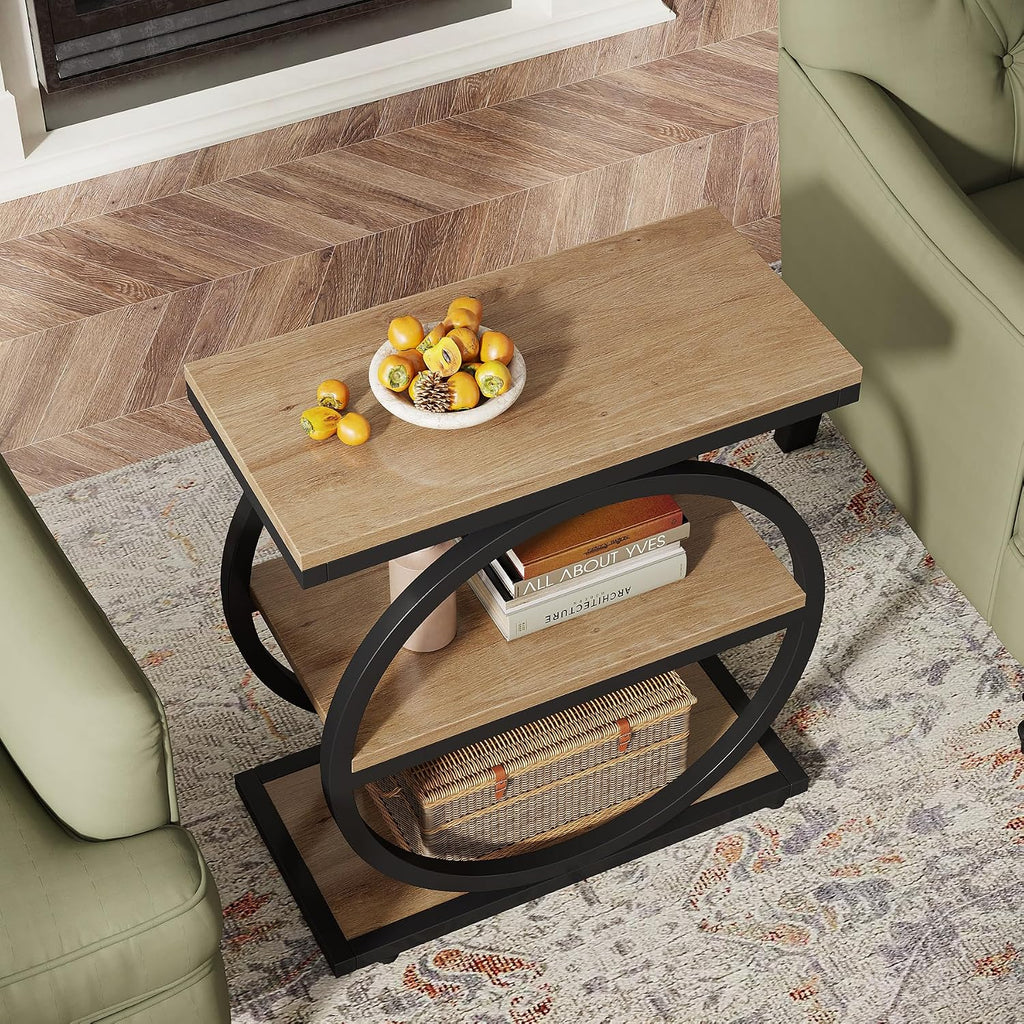 Tribesigns Side End Table with 3 Storage Shelves Set of 2, Industrial Sofa Table with Round Metal Frame for Living Room, Engineered Wood Nightstand for Bedroom, Oak