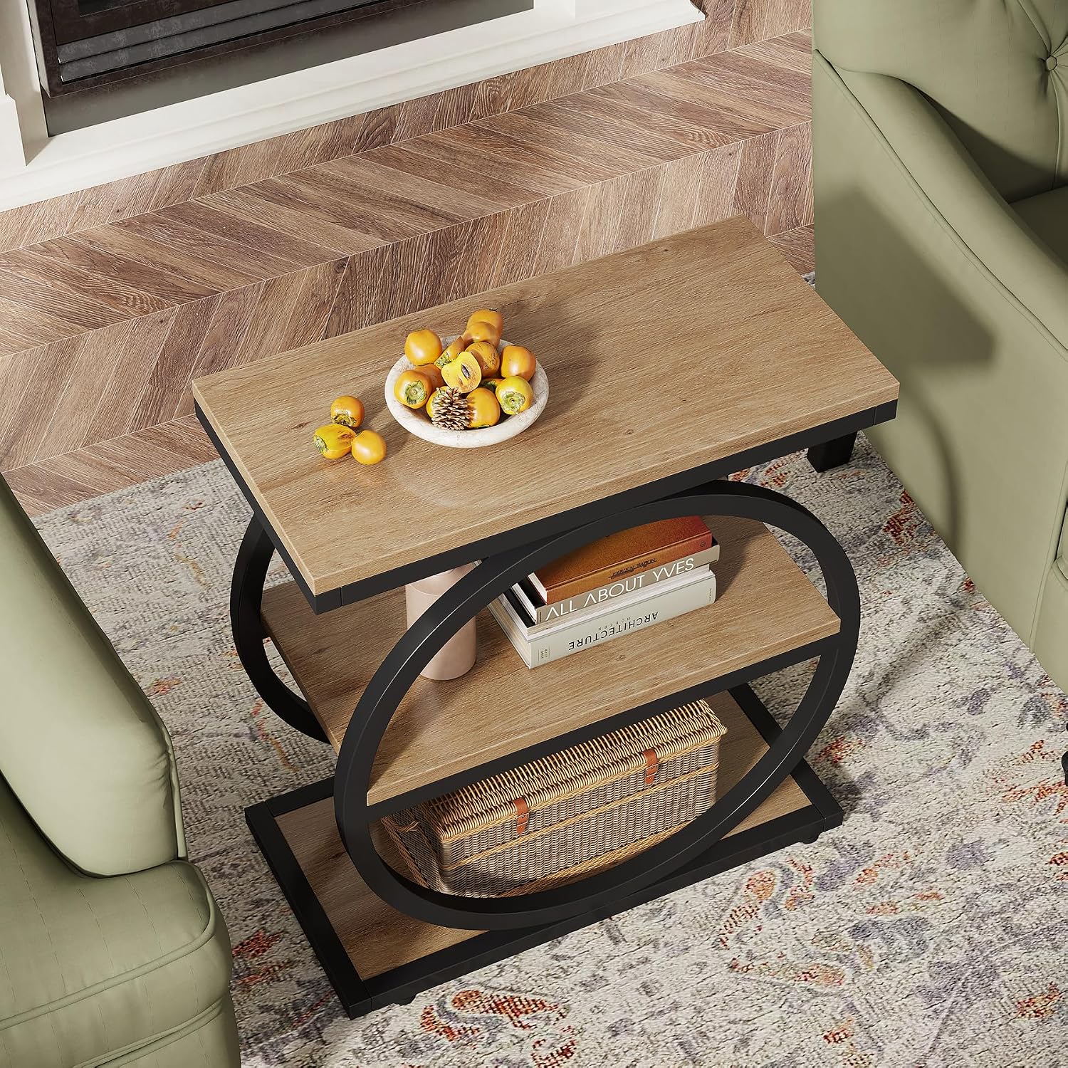 Tribesigns Side End Table with 3 Storage Shelves Set of 2, Industrial Sofa Table with Round Metal Frame for Living Room, Engineered Wood Nightstand for Bedroom, Oak