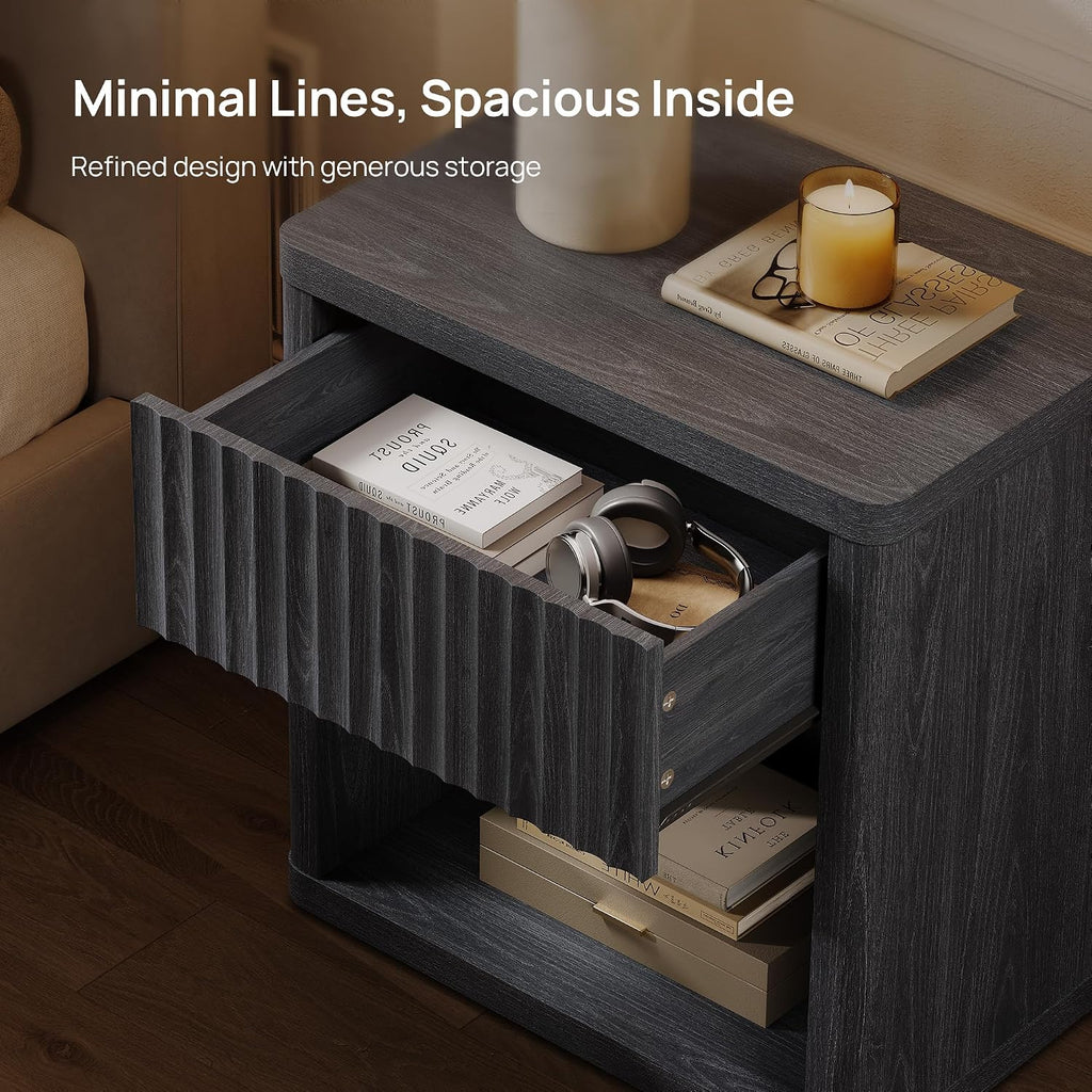 SICOTAS Night Stand Set of 2 Nightstands with Drawer Storage Fluted Bed Side Table End Table Large Modern Wide Bedside Mid Century Night Stands for Bedroom Living Room Sofa Office, Dark Grey Alder