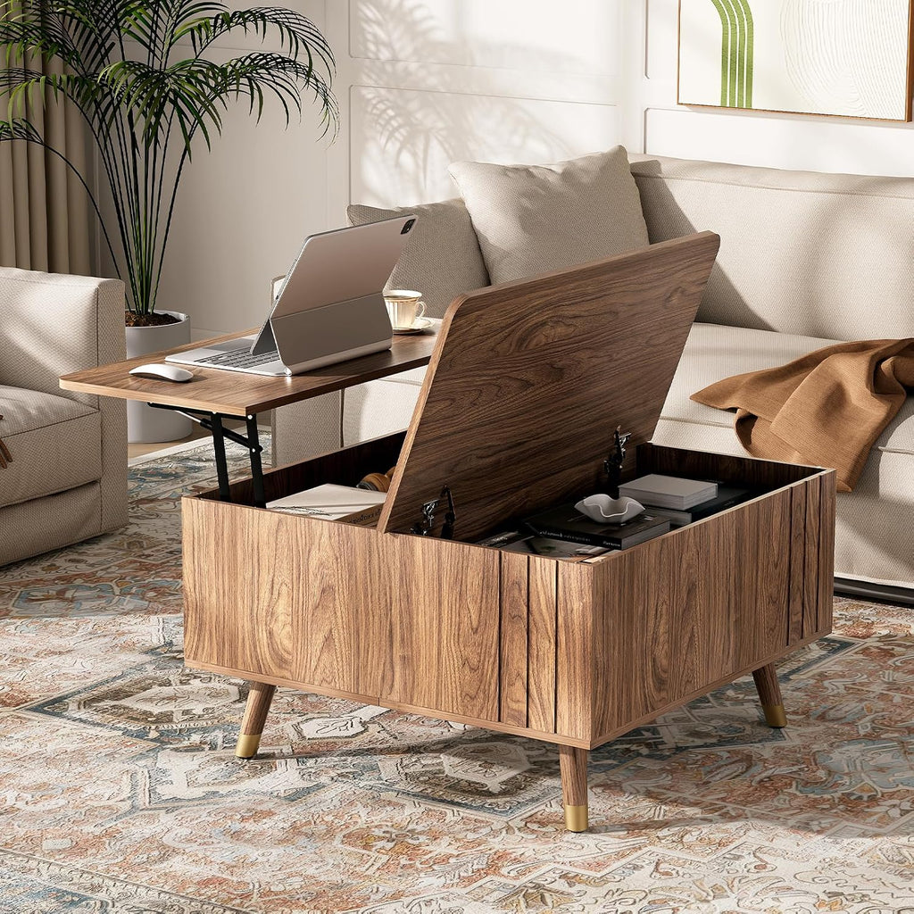 Square Coffee Table with Lift-Top & Flip-Top Storage, 36' Functional Modern Accent Center Table with Solid Wood Legs, Rustic Walnut Coffee Tables for Living Room Small Space or Office