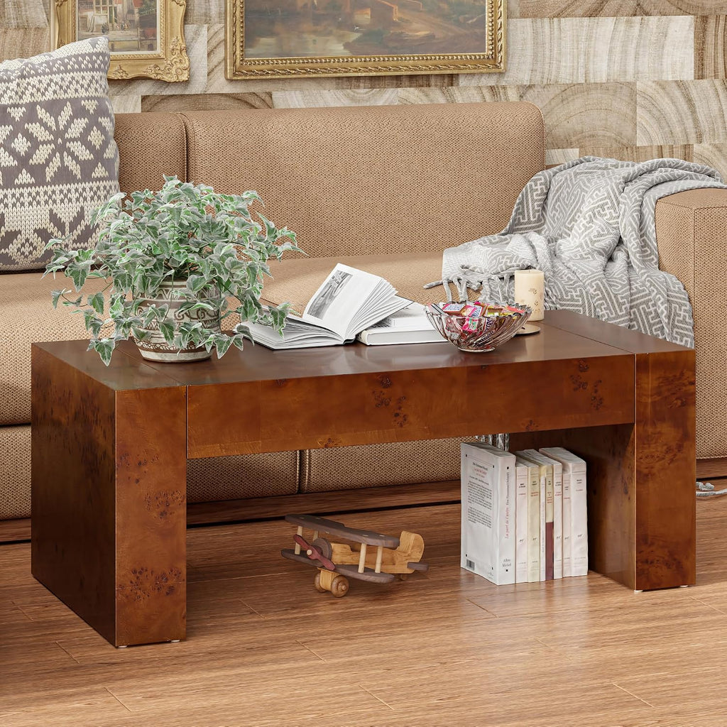 COZAYH Modern Burl Finish Coffee Table, Wood Block Center Table with Thick Legs, Minimalist Rectangular Cocktail Table for Living Room, Dark Brown