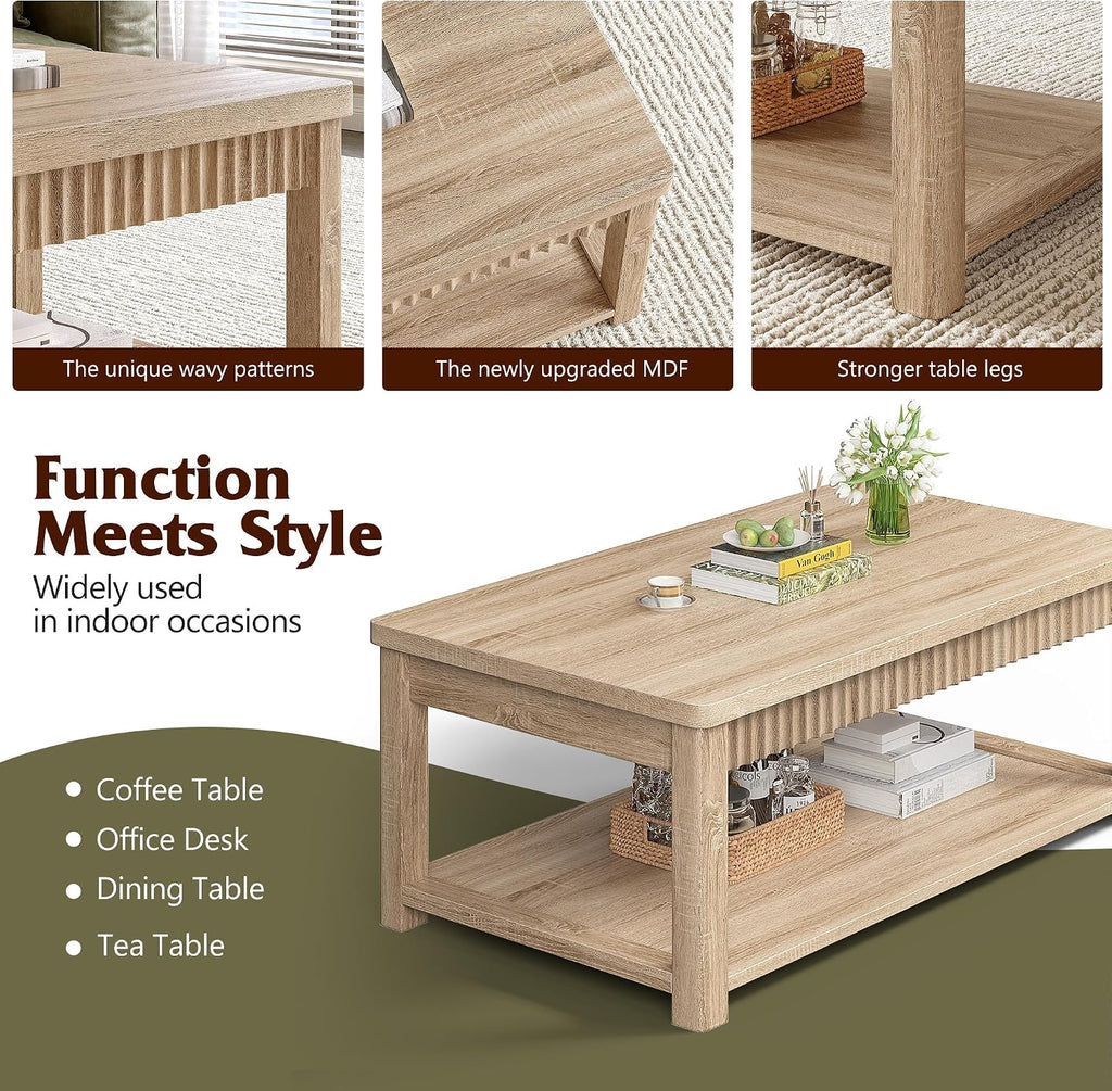 Homkdom Coffee Table, 39 Inch Modern Coffee Tables for Living Room with 2-Tier Storage & Wave-Edge, Oak Center Table for Bedroom/Office