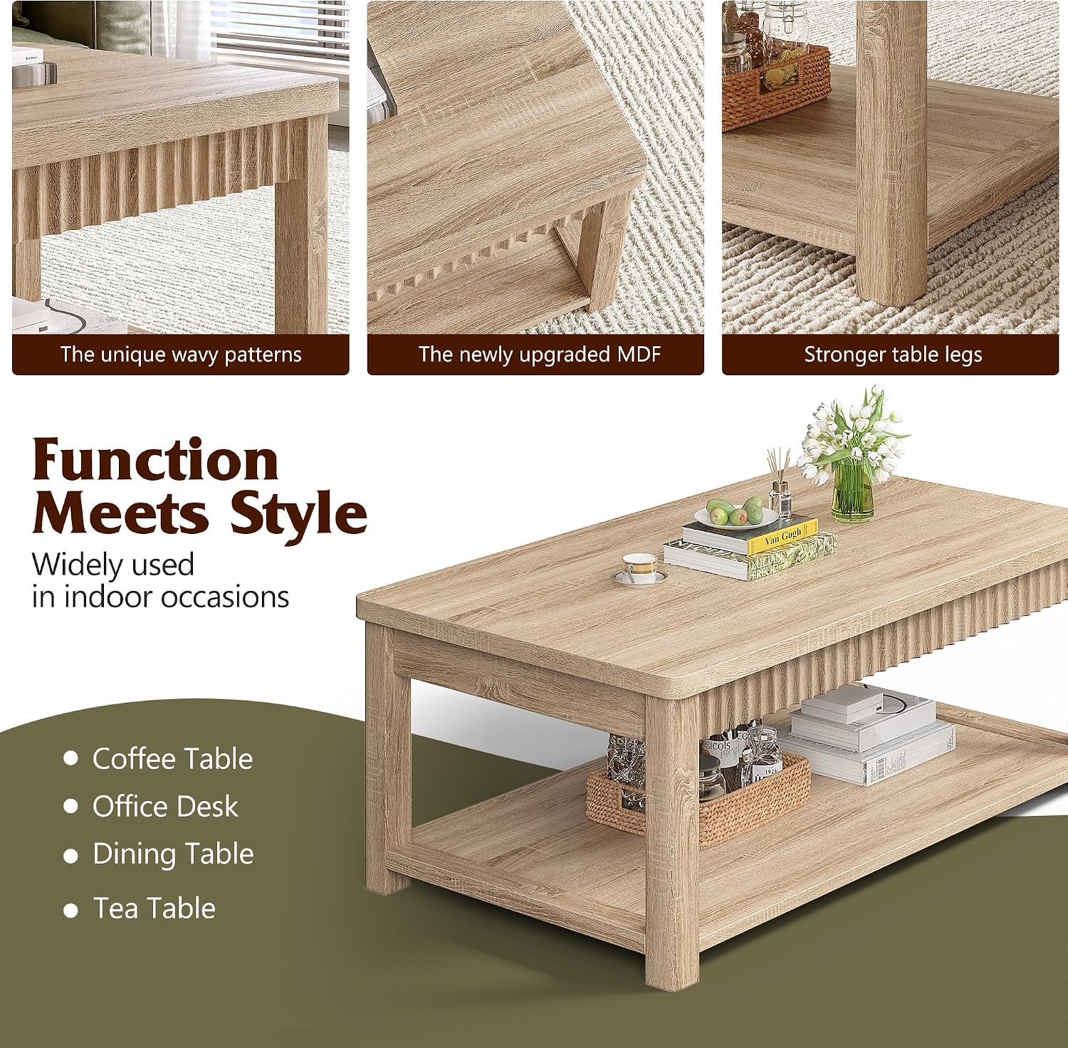 Homkdom Coffee Table, 39 Inch Modern Coffee Tables for Living Room with 2-Tier Storage & Wave-Edge, Oak Center Table for Bedroom/Office