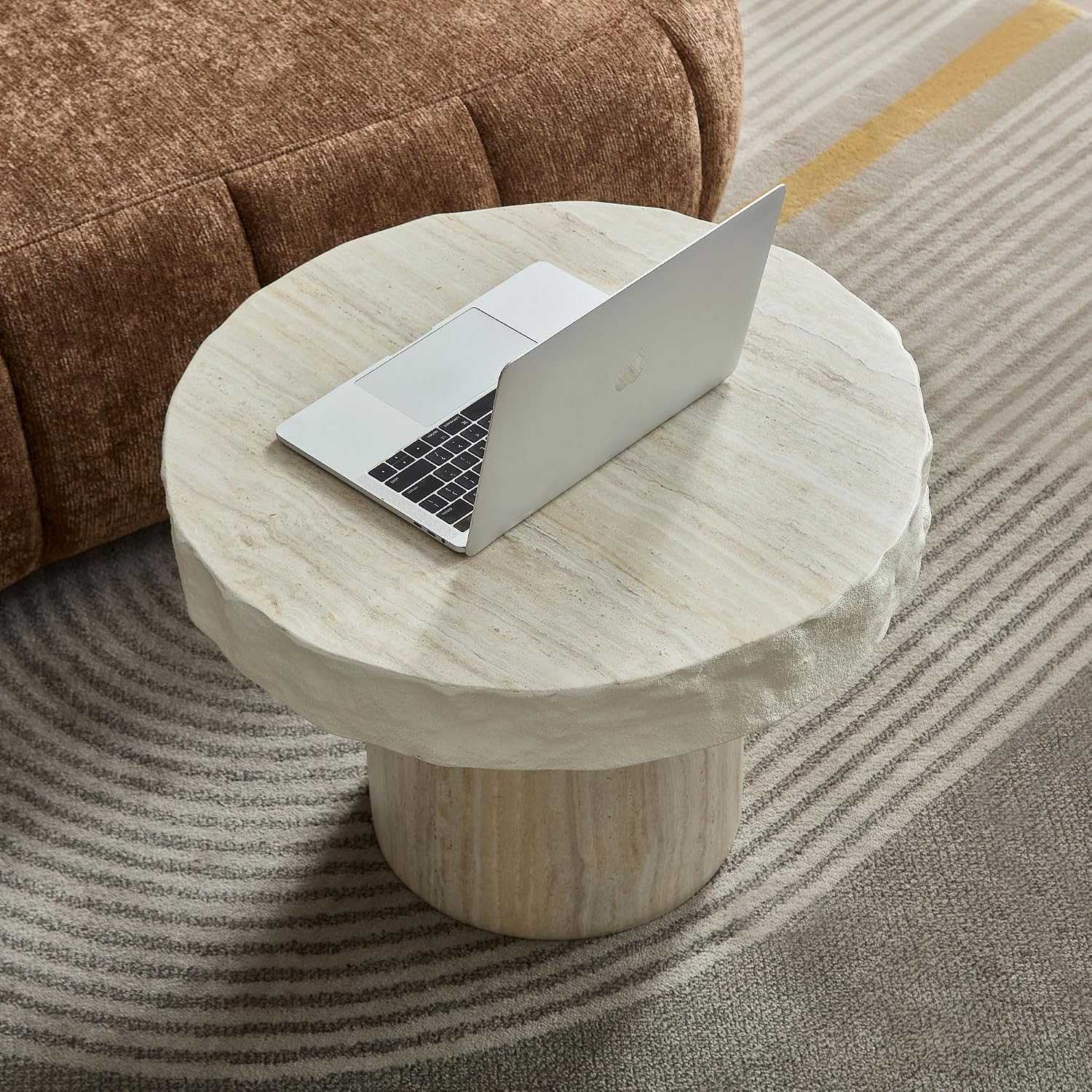 23.82' Round Side Table Small Coffee Table Faux Marble Pattern End Table Cement Stone Sofa Side Table for Living Room Apartment No Assembly