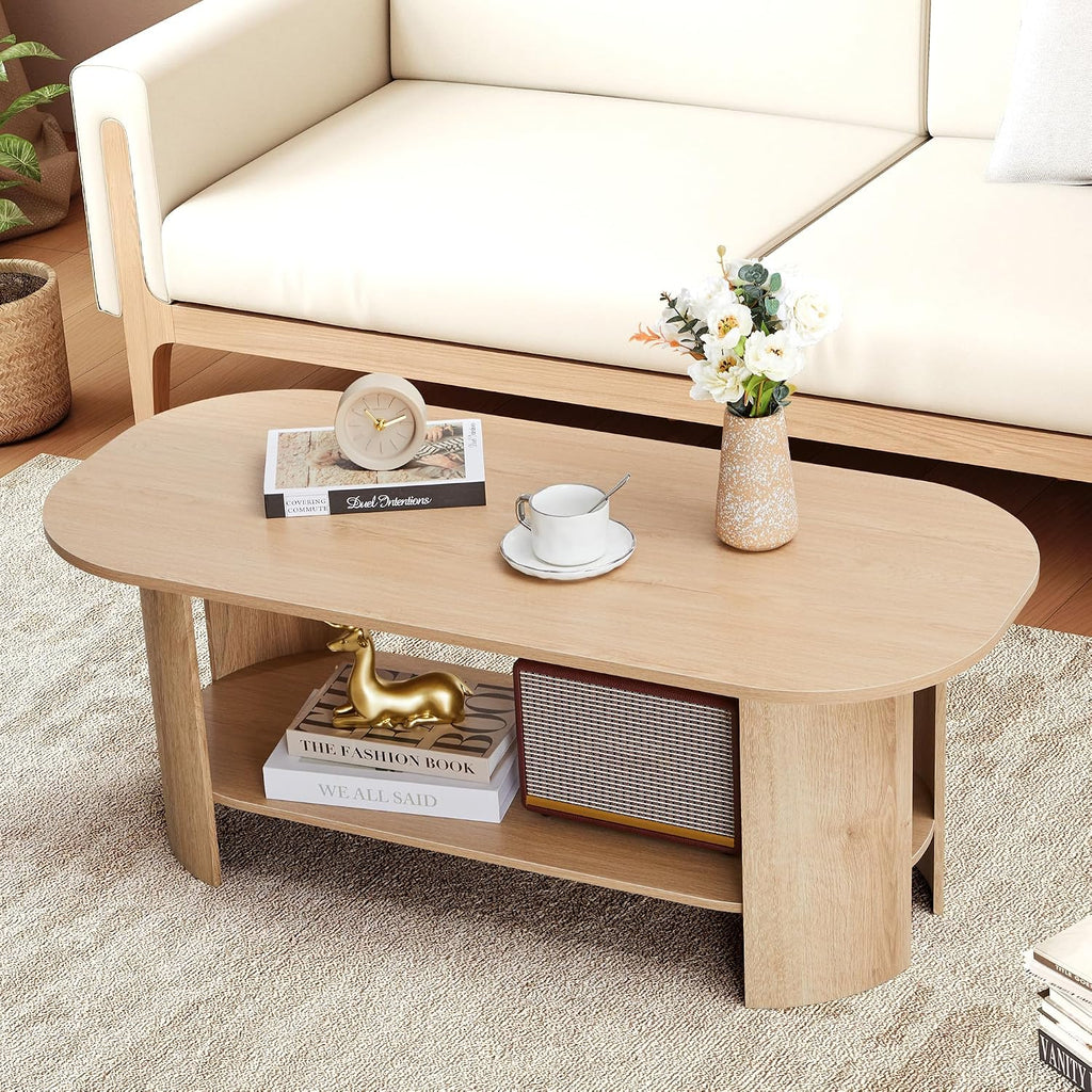 Oval Coffee Table for Living Room, 43.3' Farmhouse Coffee Tables with Storage, 2-Tier Wood Center Table with Storage Shelf Low Tea Table for Small Space, Home, Office, Easy Assembly (Natural)
