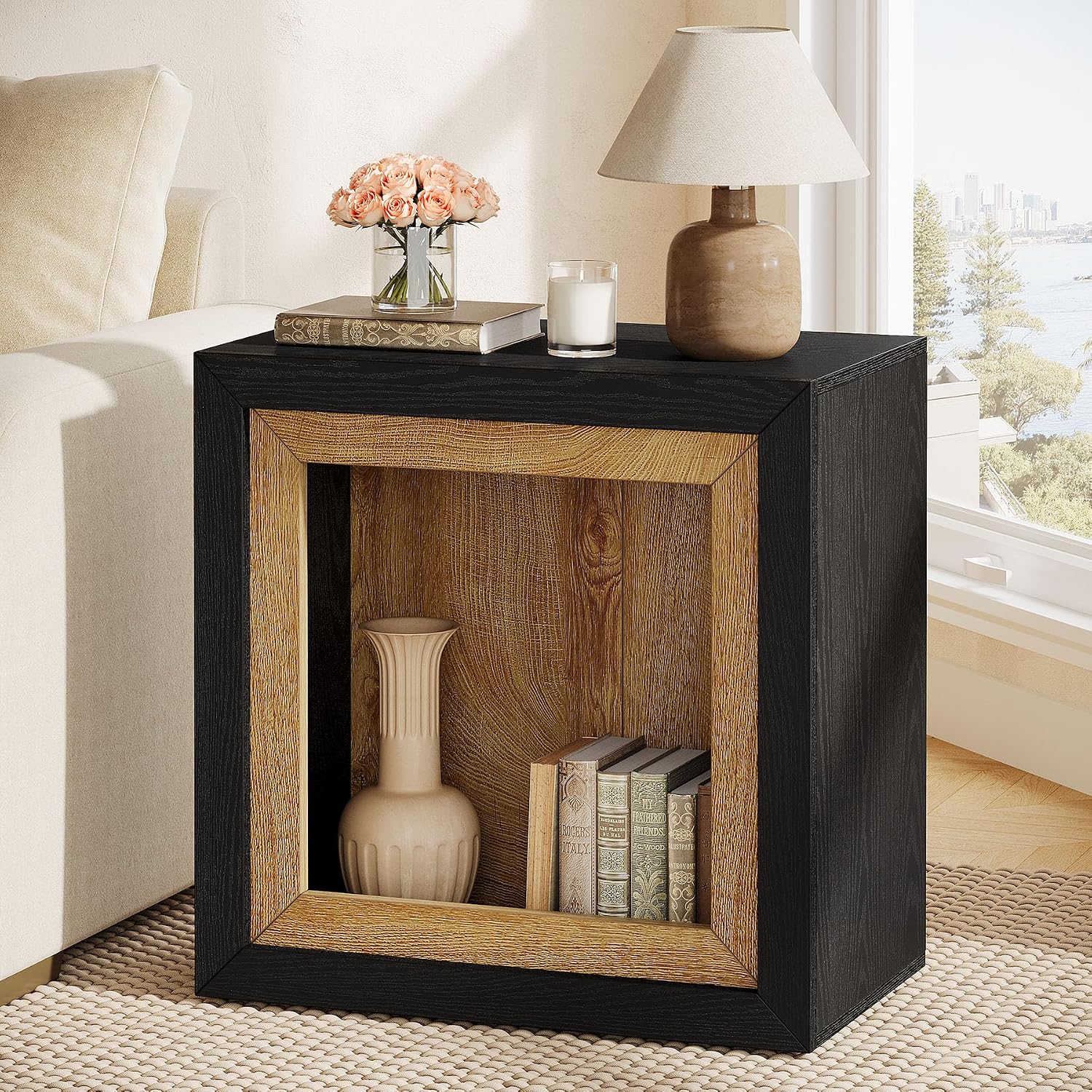 Tribesigns Modern End Table Set of 2 with Frame-Inspired Design, Industrial Wood Set 2 Cube Side Table with Large Storage Shelf, Sofa Couch Tables Accent for Living Room, Entrance