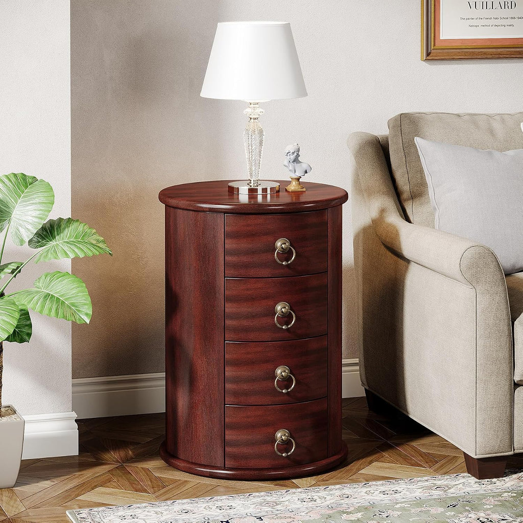 Tribesigns Solid Wood End Table, Round Side Table with 4 Drawers, Vintage Bedside Table Nightstand for Small Spaces, Living Room, Bedroom, No Assembly Required (1, Cherry Brown)