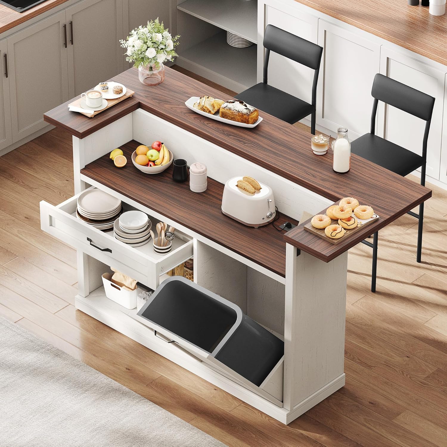 Kitchen Island with Storage, Rolling Kitchen Islands with Storage, 55' W Large Island Table, Breakfast Bar Counter with Drop Leaf, Trash Can Cabinet, Power Outlet for Dining Room, Walnut