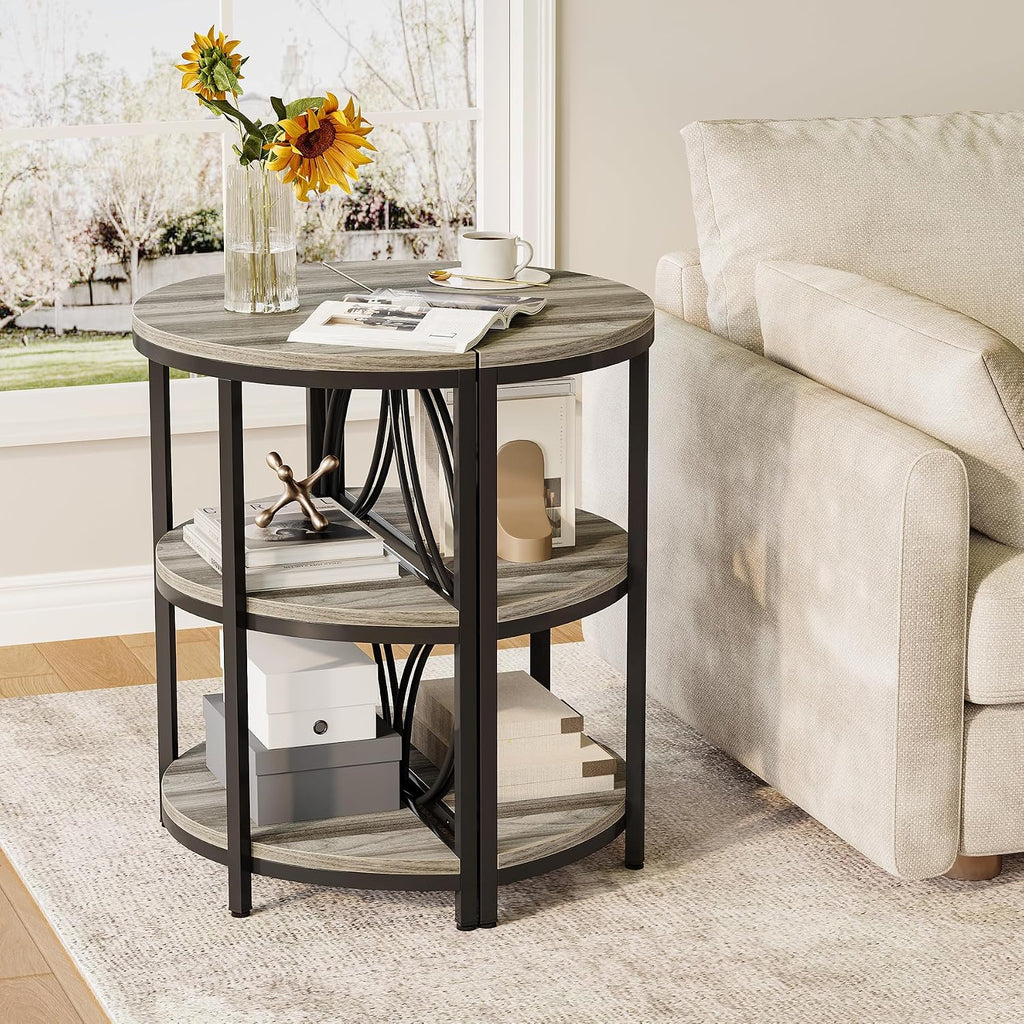 LITTLE TREE Small Half-Round Side Table Set of 2, 3-Tier Grey Wooden Accent Table for Living Room, Bedroom, Sofa