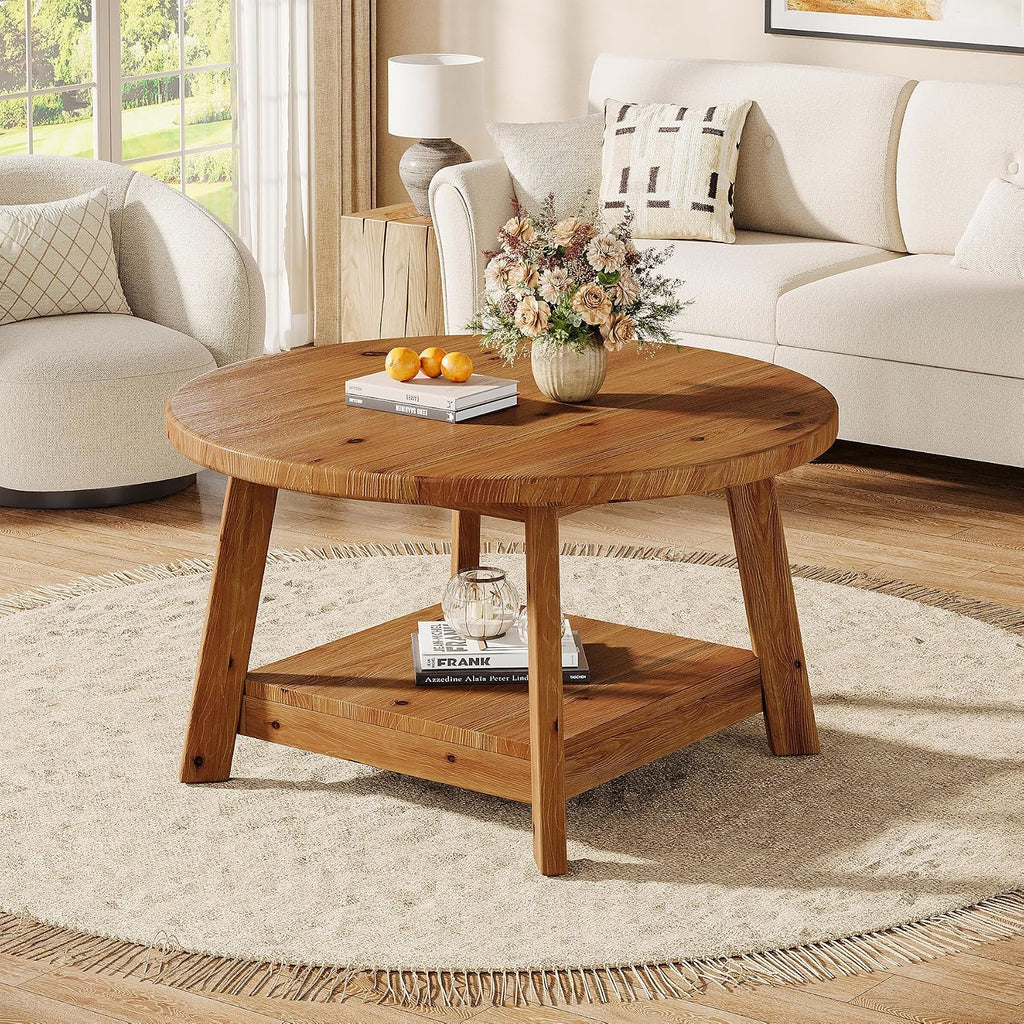 Solid Wood Round Coffee Table for Living Room, 31.5' Farmhouse Wooden 2-Tier Circle Center Cocktail Accent Table with Storage Shelf and Tapered Legs for Apartment, Small Space, Brown