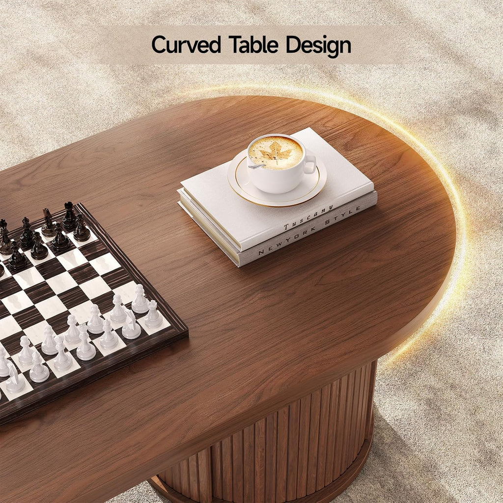 ONBRILL 47' Fluted Coffee Table, Oval Coffee Table with 2 Storage Legs, Mid-Century Modern Center Tables with Sliding Doors, Coffee Tables for Living Room, Walnut