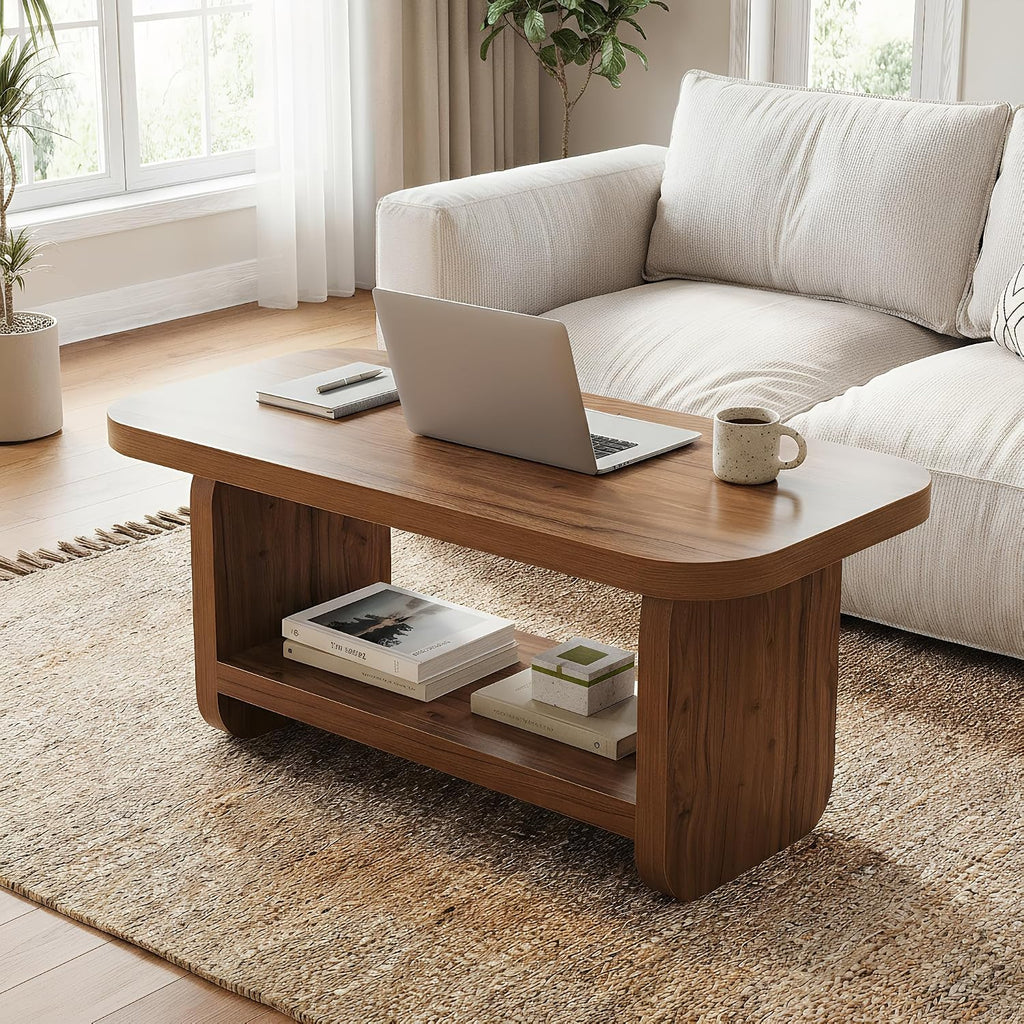 LITTLE TREE Wooden Coffee Table, 47.2' Center Table with Storage, Modern Farmhouse Rectangle Living Room Tables with Rounded Corners for Living Room, Bedroom, Kids Room, Home Office, Brown