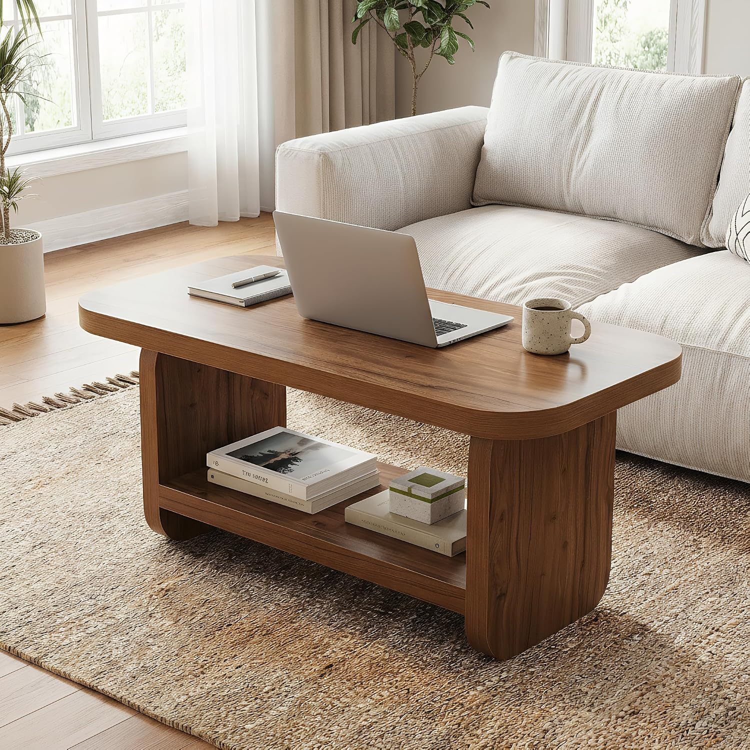 LITTLE TREE Wooden Coffee Table, 47.2' Center Table with Storage, Modern Farmhouse Rectangle Living Room Tables with Rounded Corners for Living Room, Bedroom, Kids Room, Home Office, Brown