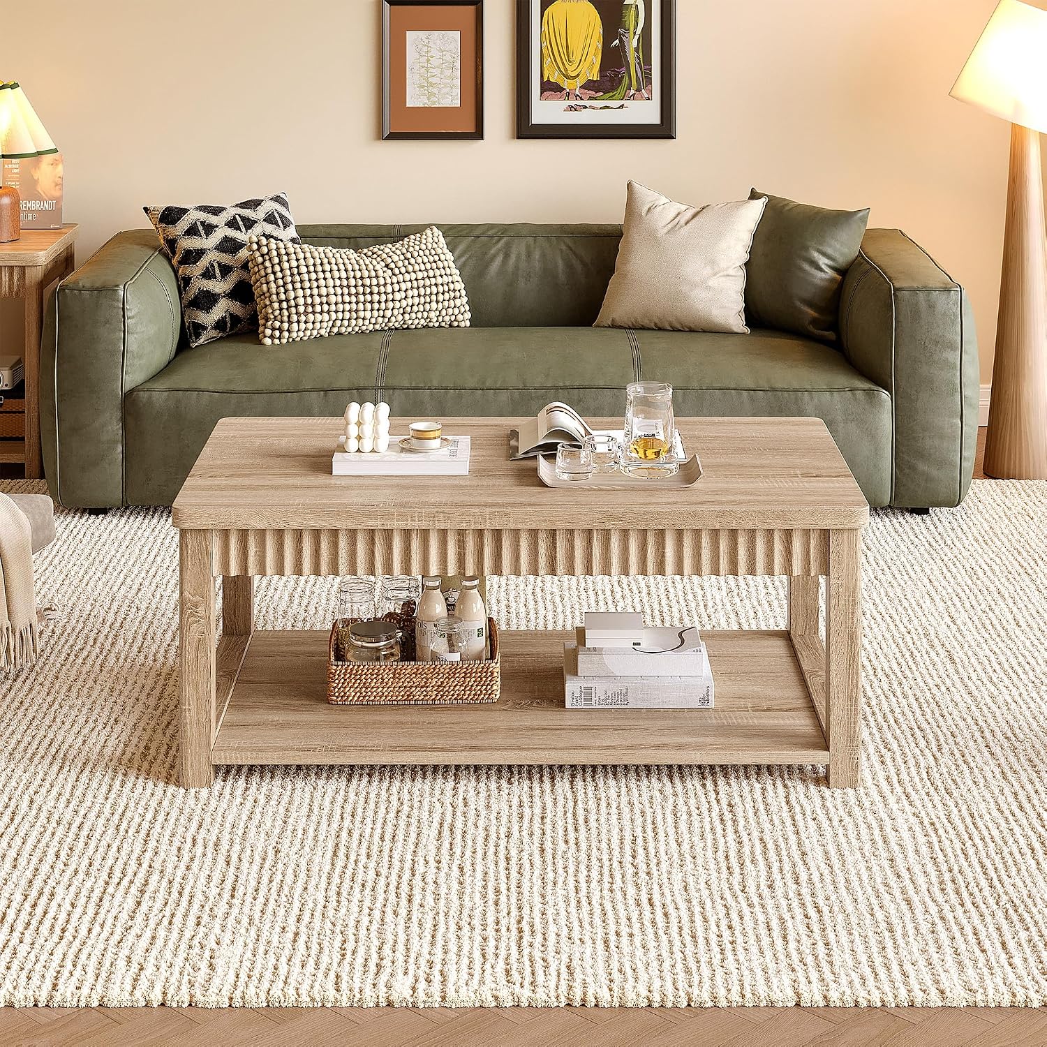 Homkdom Coffee Table, 39 Inch Modern Coffee Tables for Living Room with 2-Tier Storage & Wave-Edge, Oak Center Table for Bedroom/Office