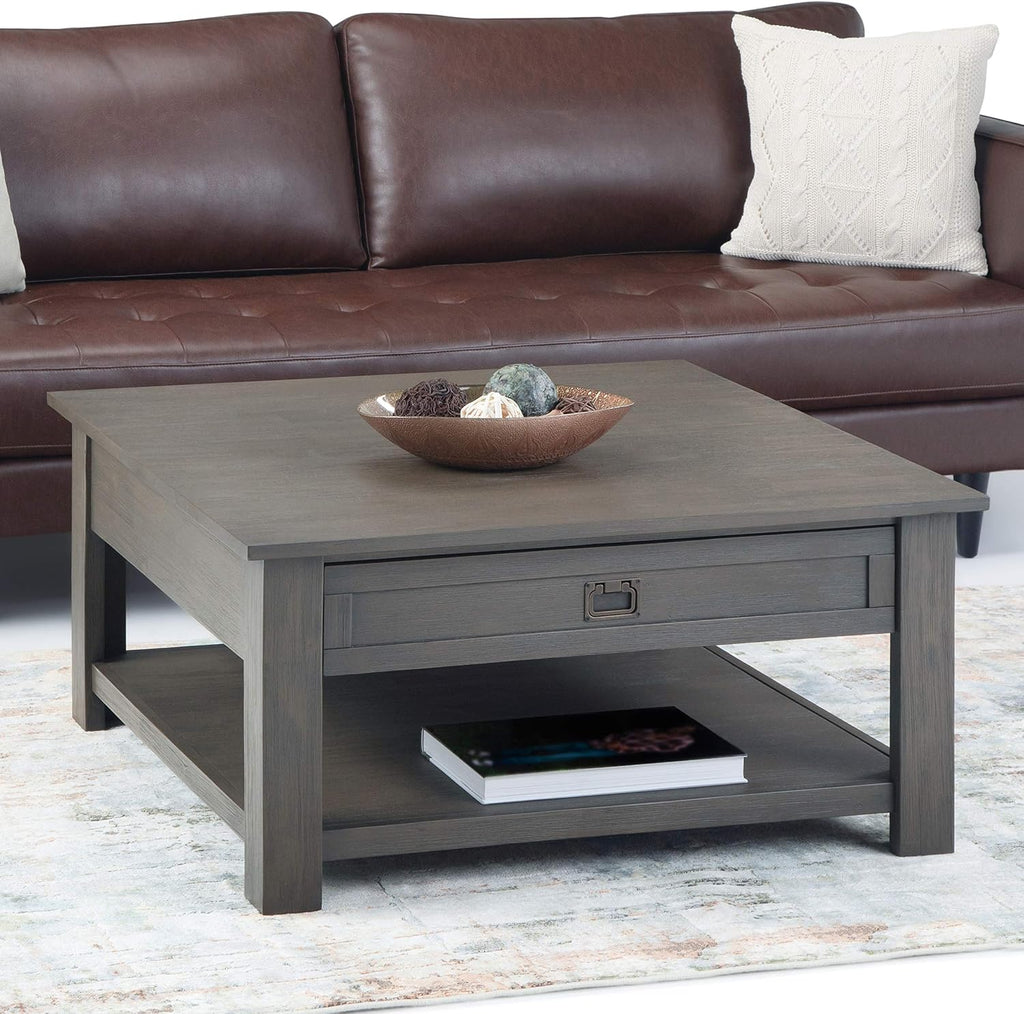 SIMPLIHOME Monroe Square Coffee Table - 38' Wide x 19' High Solid Acacia Wood Living Room Table in Farmhouse Grey, Rustic Cocktail Table for Family Room or Lounge with 2 Drawers and Open Shelf