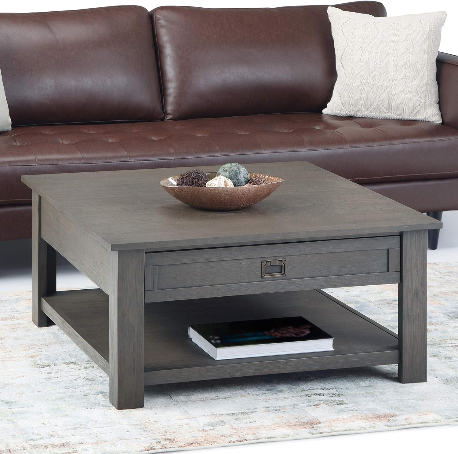 SIMPLIHOME Monroe Square Coffee Table - 38' Wide x 19' High Solid Acacia Wood Living Room Table in Farmhouse Grey, Rustic Cocktail Table for Family Room or Lounge with 2 Drawers and Open Shelf