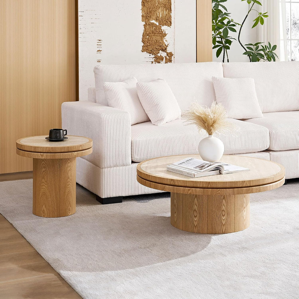 35.43' Farmhouse Round Coffee Table with Sintered Stone Tabletop, Sturdy Wood MDF Pedestal Coffee Tables for Living Room, Modern Circle Center Tea Table for Apartment, Office Bedroom Natural
