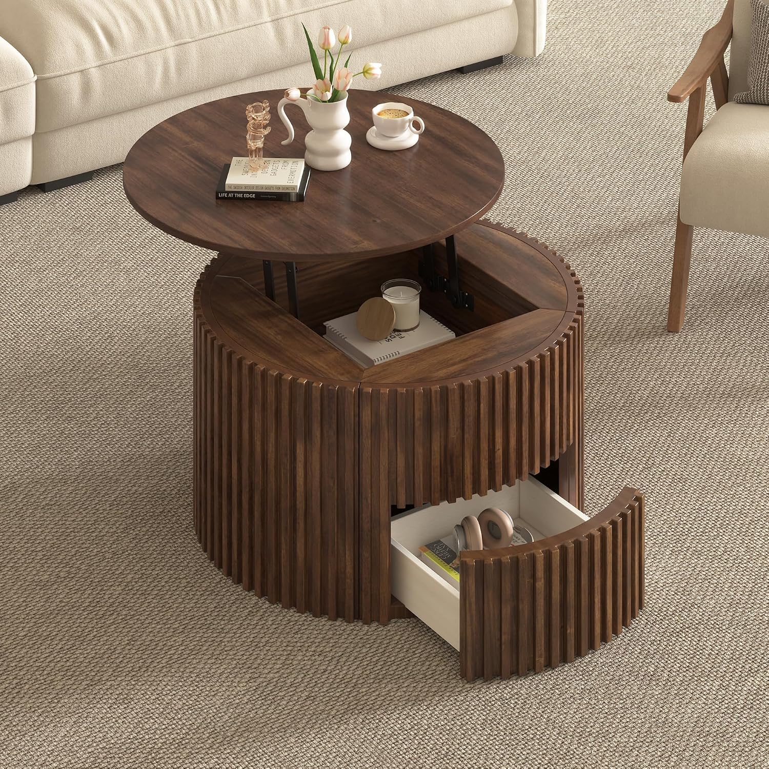 Round Lift Top Coffee Table, 29.8' Modern Fluted Wood Circle Table with Hidden Storage Drawer, Brown Solid Wood & MDF Cylinder Side Table for Living Room Bedroom Small Space