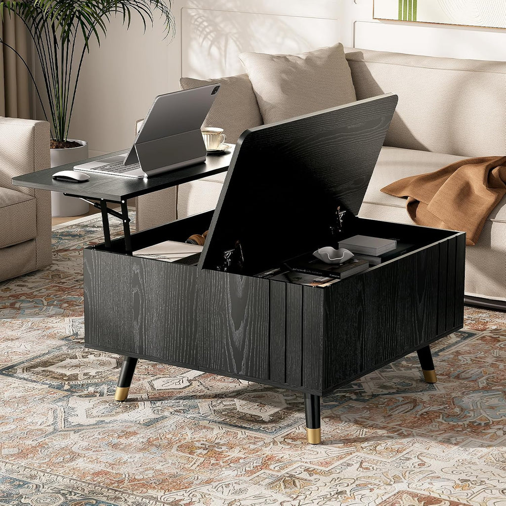 Square Coffee Table with Lift-Top & Flip-Top Storage, 36' Lift Tabletop Dining Center Table with Solid Wood Legs, Functional Modern Black Coffee Tables for Living Room Small Space or Office
