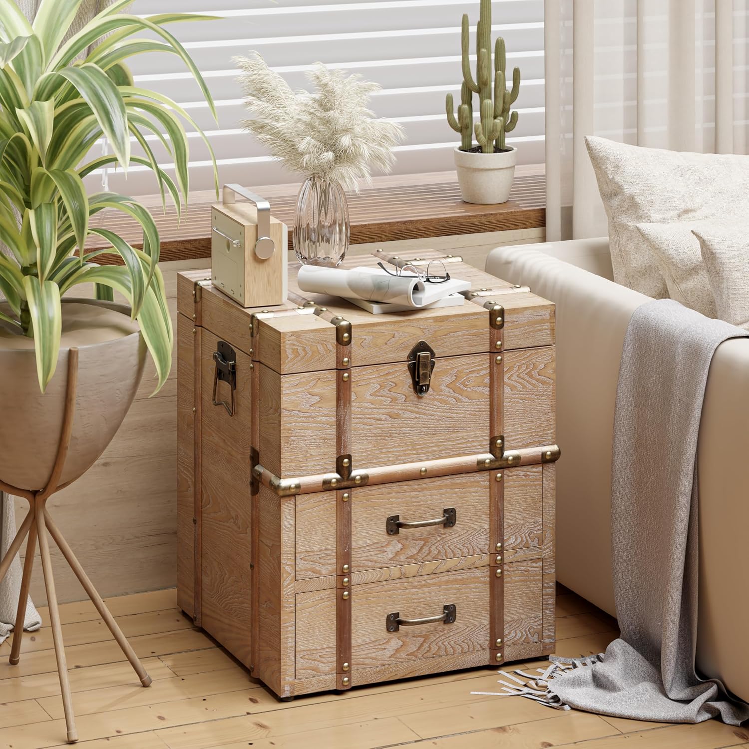 Aoikax Vintage Storage Chest with Buckle Hinged Top, Wood Accent End Side Table for Living Room, Office, Bedroom, Rectangle, Retro Brown