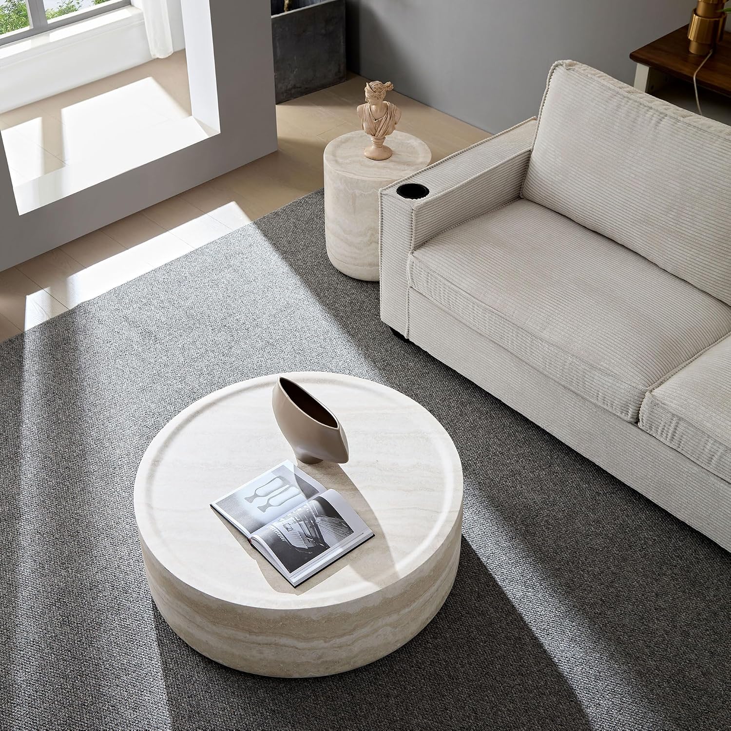 Round Coffee Table for Living Room Circle Coffee Table Modern Drum Center Table for Apartment, No Need Assembly (Fiberglass 31.49'' Mars Pattern)
