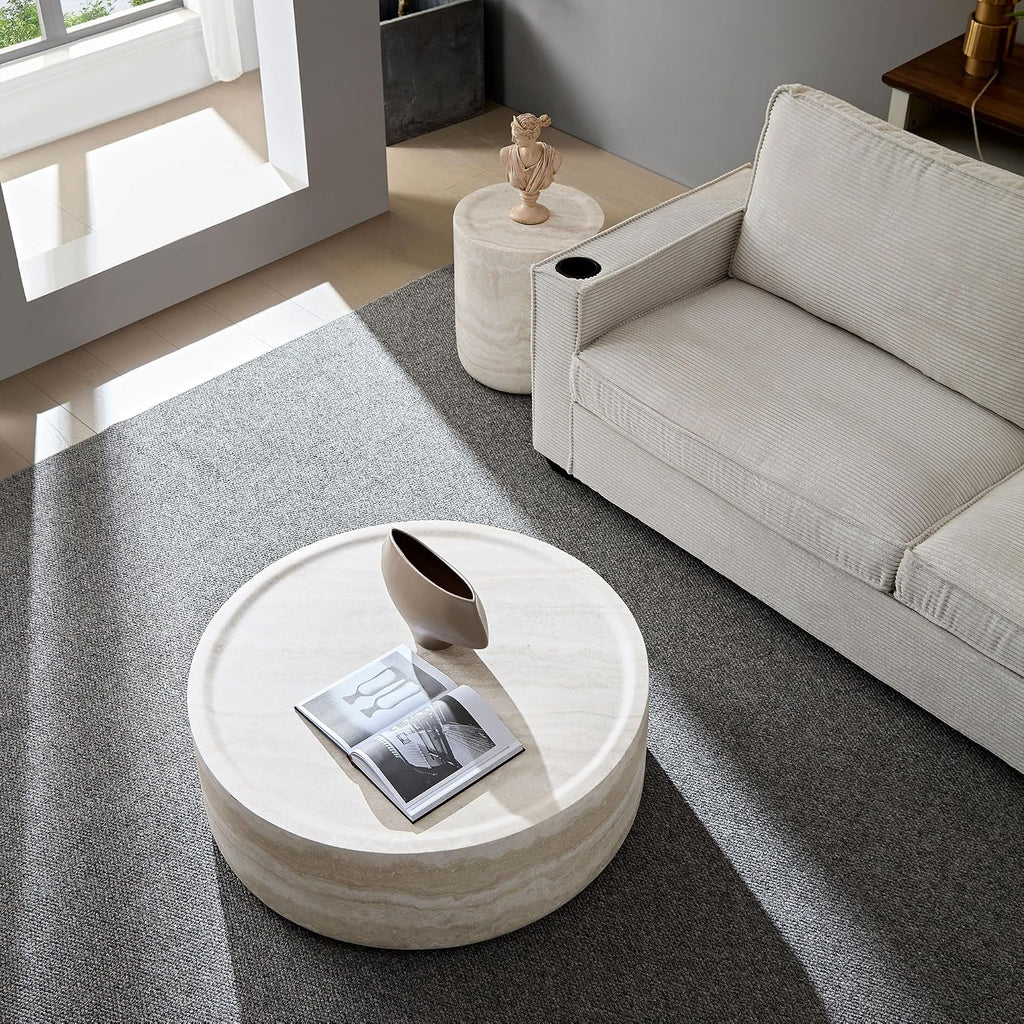 Round Coffee Table for Living Room Circle Coffee Table Faux Marble Pattern Coffee Table Modern Drum Center Table for Apartment, No Need Assembly (Travertine Fiberglass 39.37'')