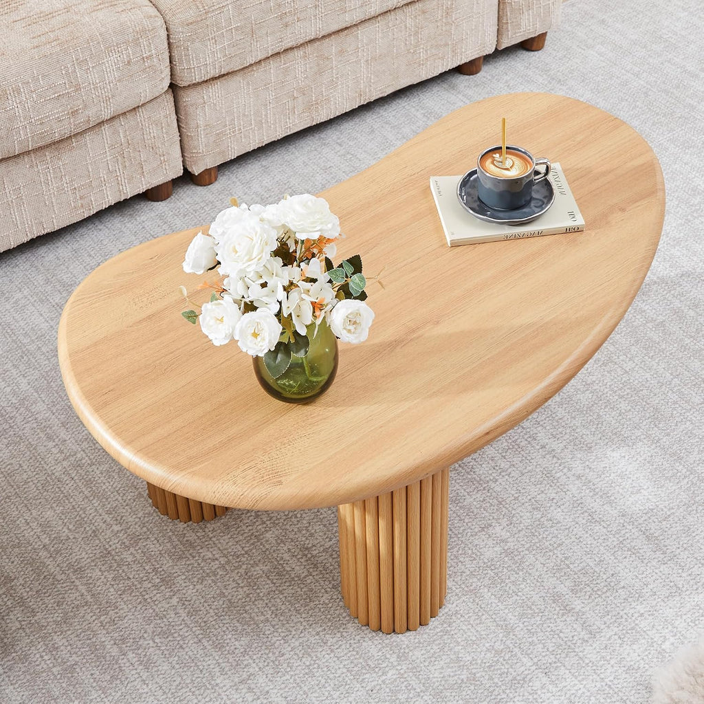 Fluted Coffee Table, 39'' Farmhouse Coffee Tables for Living Room, Low Wood Accent Center Table Small Tea Table with Sturdy Base & Rounded Corners for Small Space Home Office (Natural)
