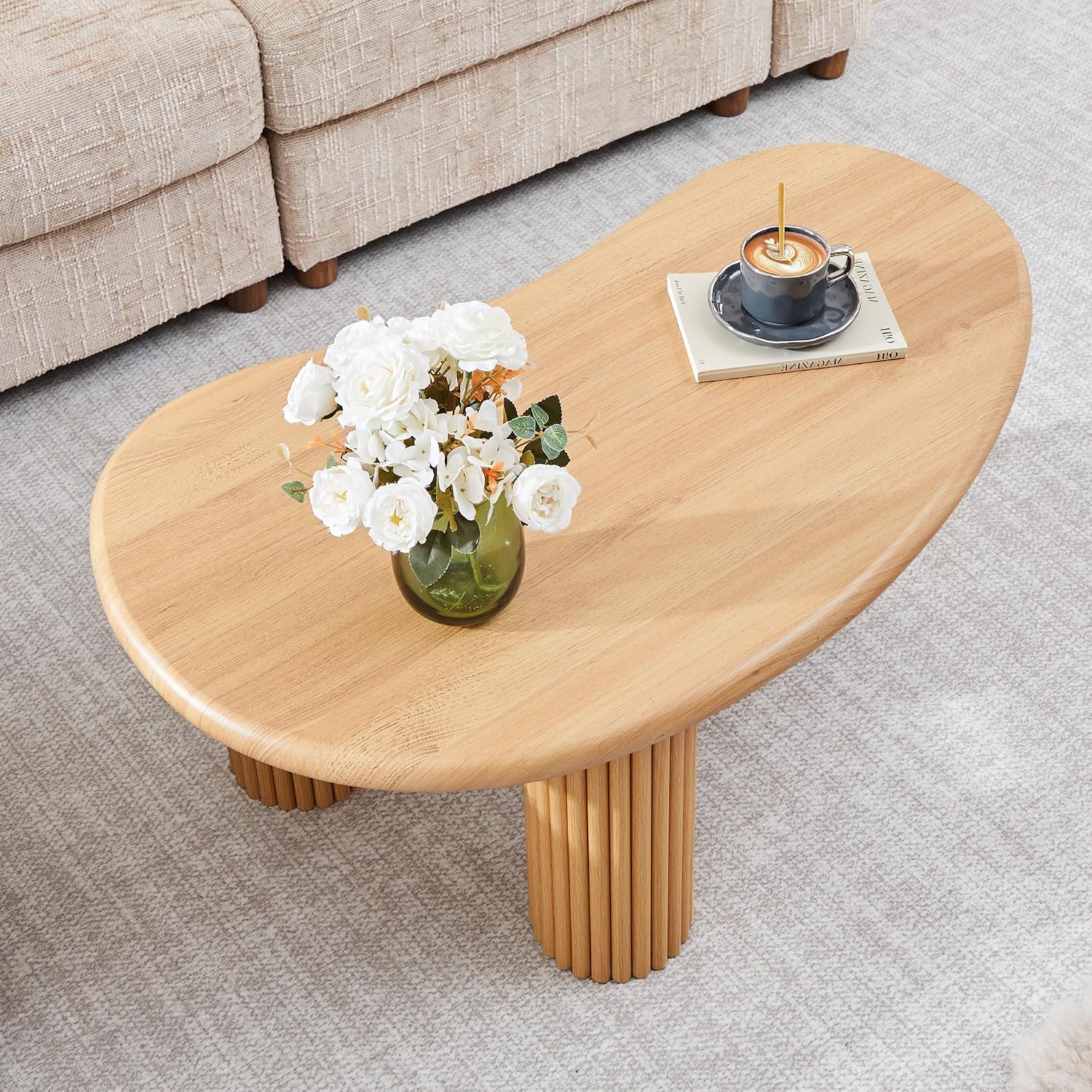 Fluted Coffee Table, 39'' Farmhouse Coffee Tables for Living Room, Low Wood Accent Center Table Small Tea Table with Sturdy Base & Rounded Corners for Small Space Home Office (Natural)