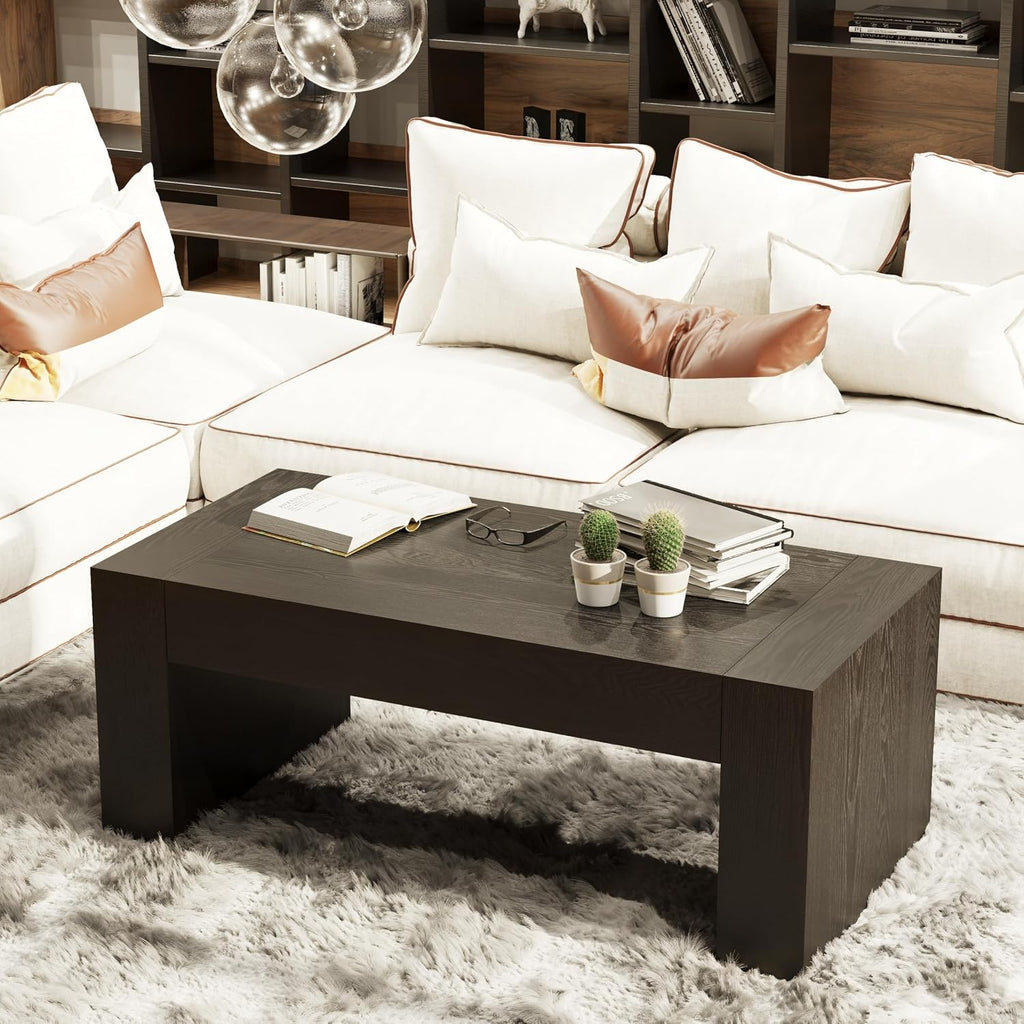 COZAYH Modern Black Wood Coffee Table with Thick Block Legs and Natural Wood Grain, Rectangular Large Center Table for Living Room Decor, Office, Farmhouse, Sturdy