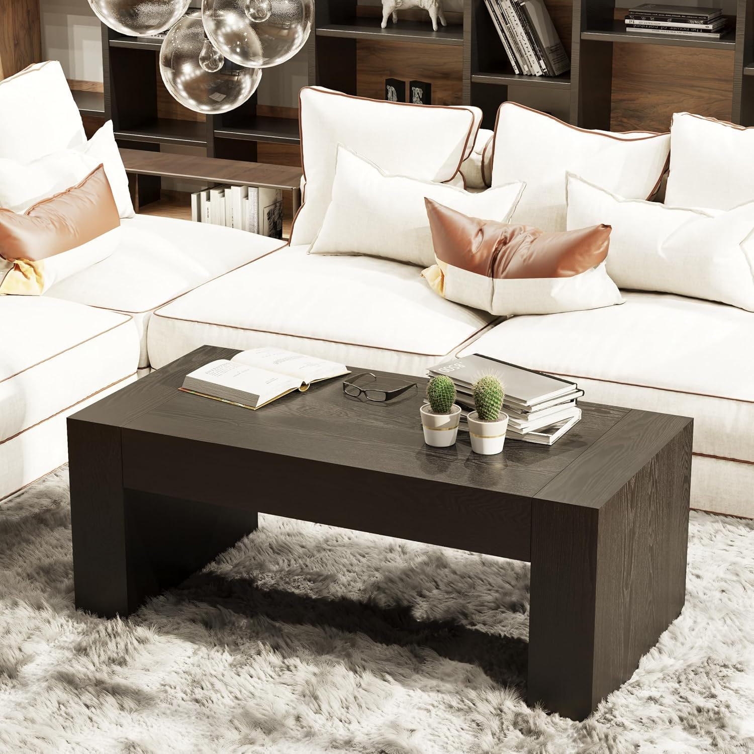 COZAYH Modern Black Wood Coffee Table with Thick Block Legs and Natural Wood Grain, Rectangular Large Center Table for Living Room Decor, Office, Farmhouse, Sturdy