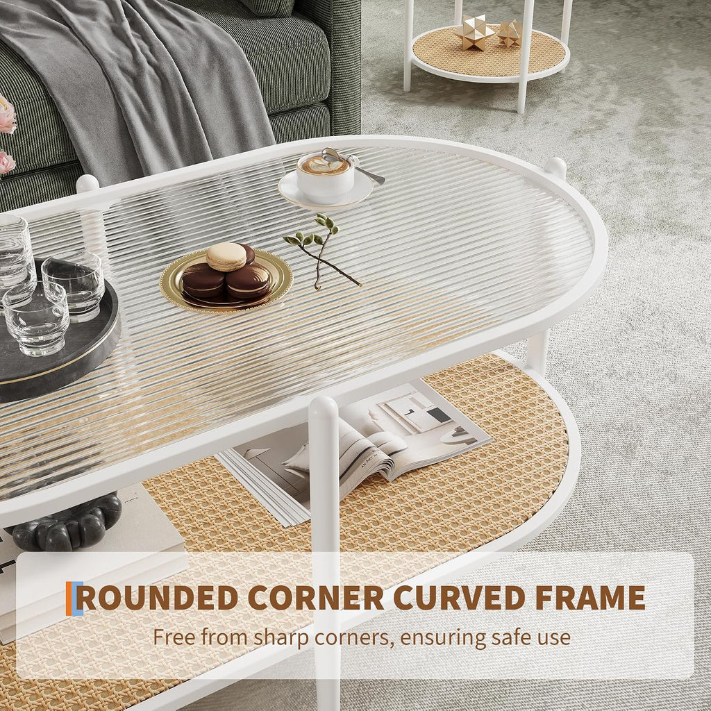 Boho Rattan Coffee Table with Glass Top, 2-Tier Oval Center Table with Metal Frame & Storage Shelf, Rustic Farmhouse Living Room Accent Tea Table for Apartment, Bedroom, Office White