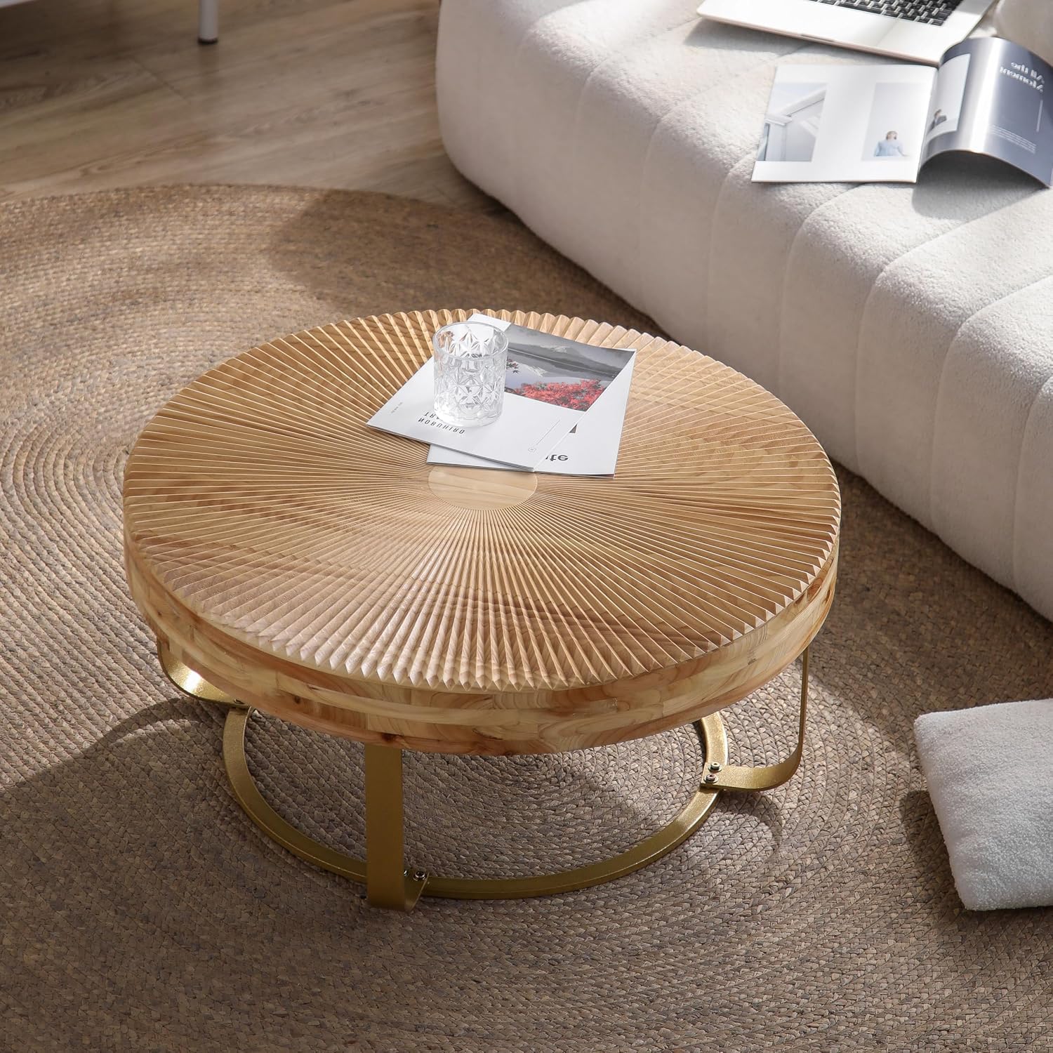 Wood Round Coffee Table, Farmhouse Circle Coffee Table with Metal Base, 31.5' Round Center Table for Living Room Office Natura