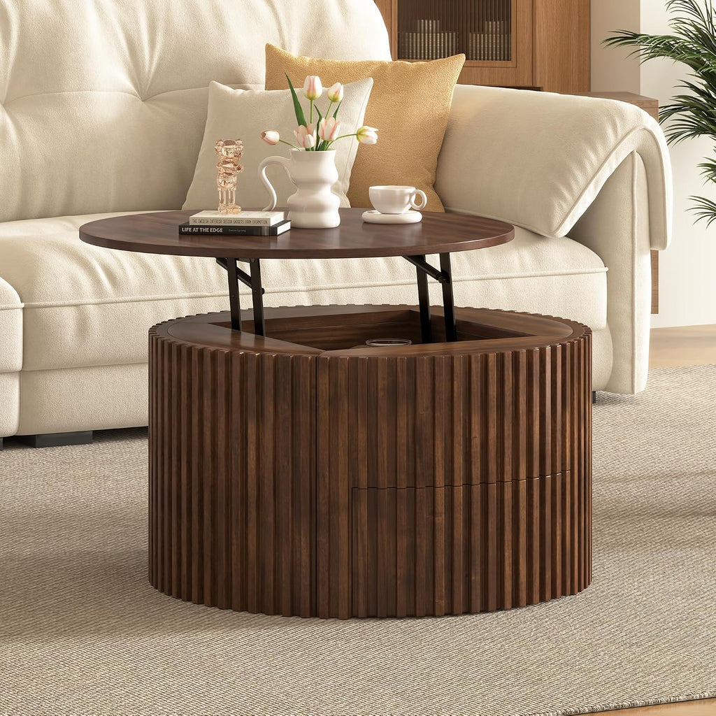 Round Lift Top Coffee Table, 29.8' Modern Fluted Wood Circle Table with Hidden Storage Drawer, Brown Solid Wood & MDF Cylinder Side Table for Living Room Bedroom Small Space