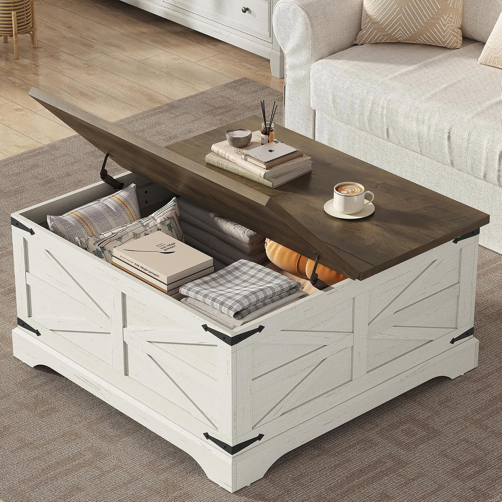 Furnideco 35.5''W Square Coffee Table Farmhouse Lift top Coffee Table with Large Hidden Storage, Wood Center Table for Living Room, Home Office, Brown Top
