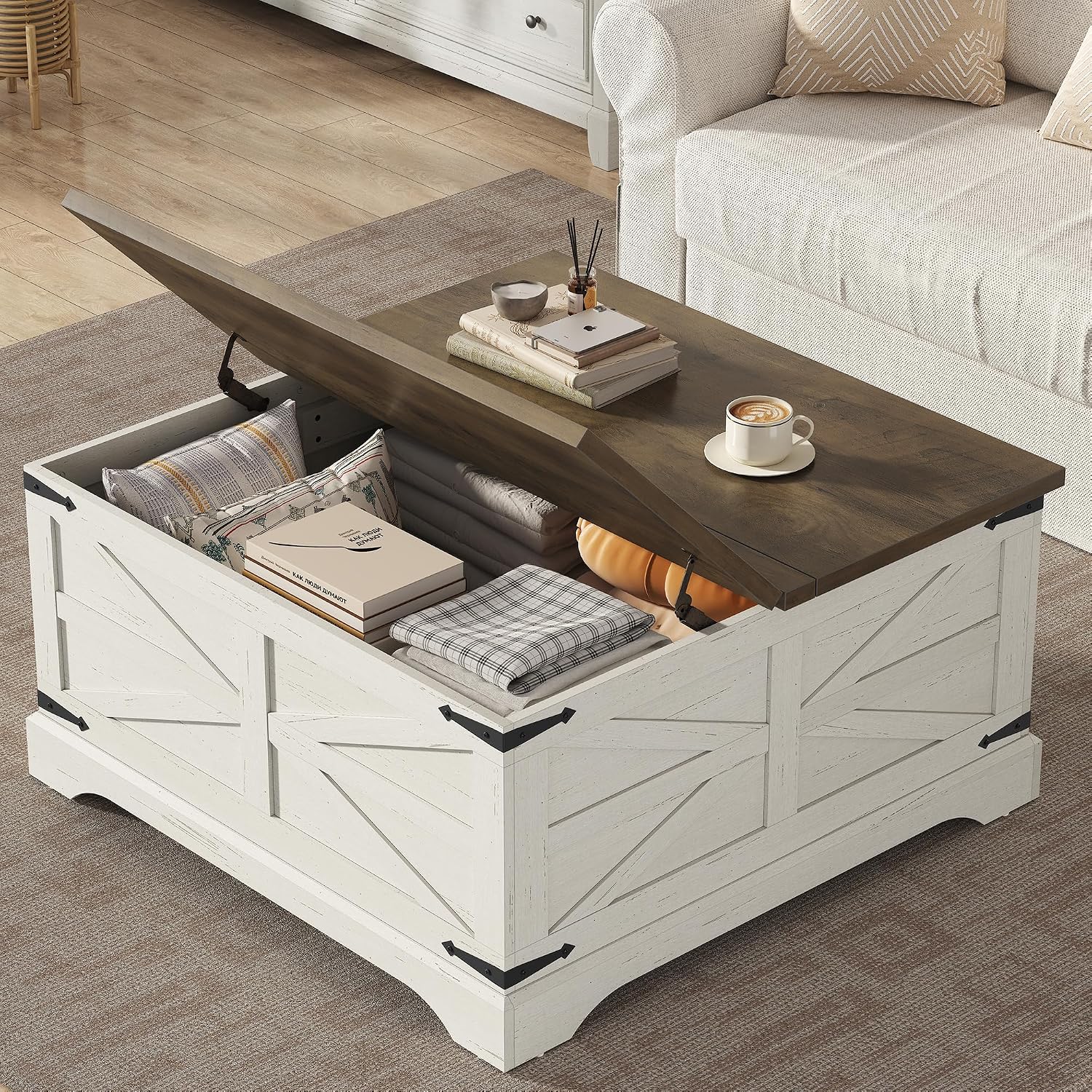 Furnideco 35.5''W Square Coffee Table Farmhouse Lift top Coffee Table with Large Hidden Storage, Wood Center Table for Living Room, Home Office, Brown Top